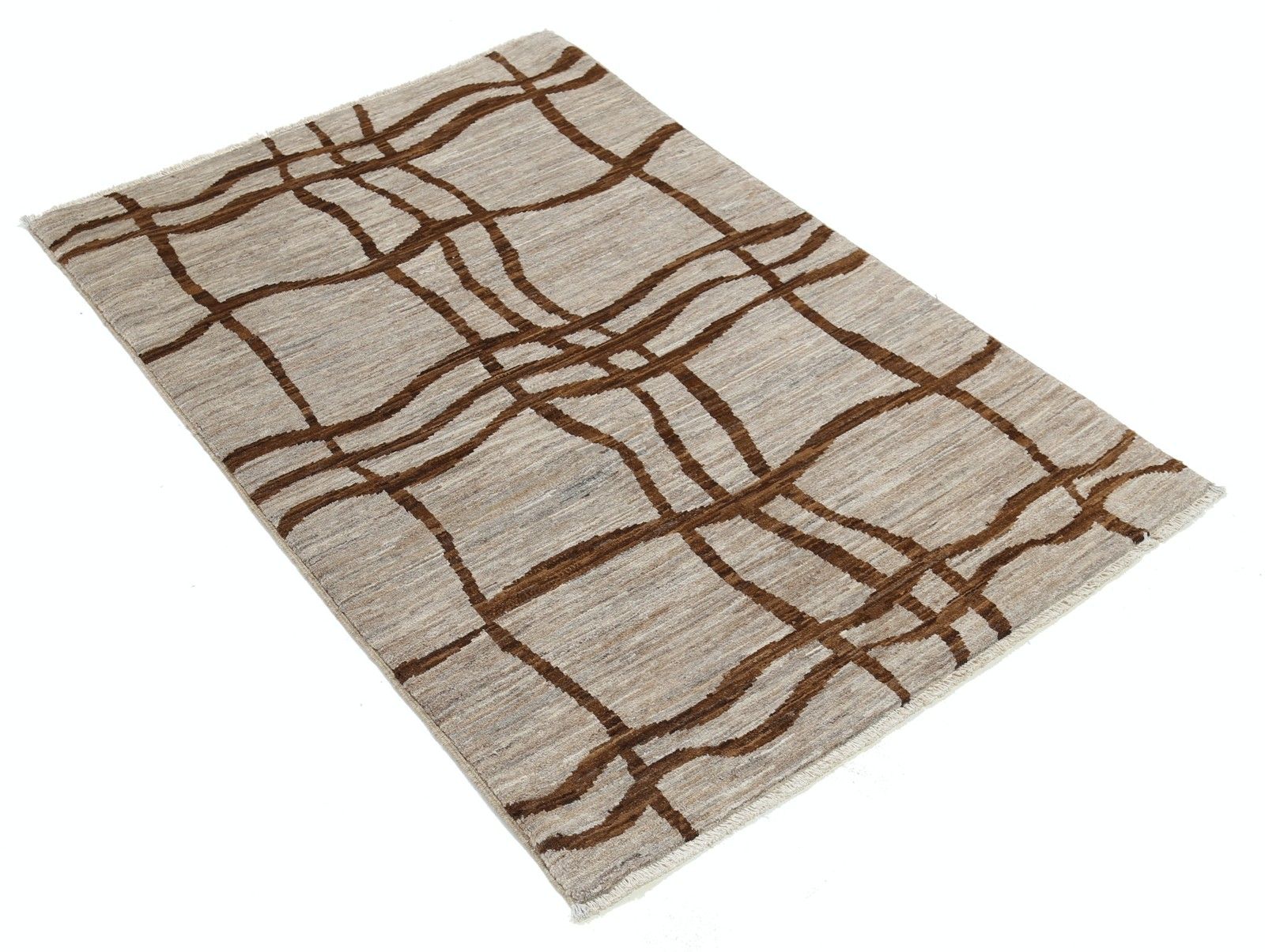 3.3x4.8 Ft Handknotted Ivory And Brown Wool Area Rug With Abstract Linear Design photo furniture