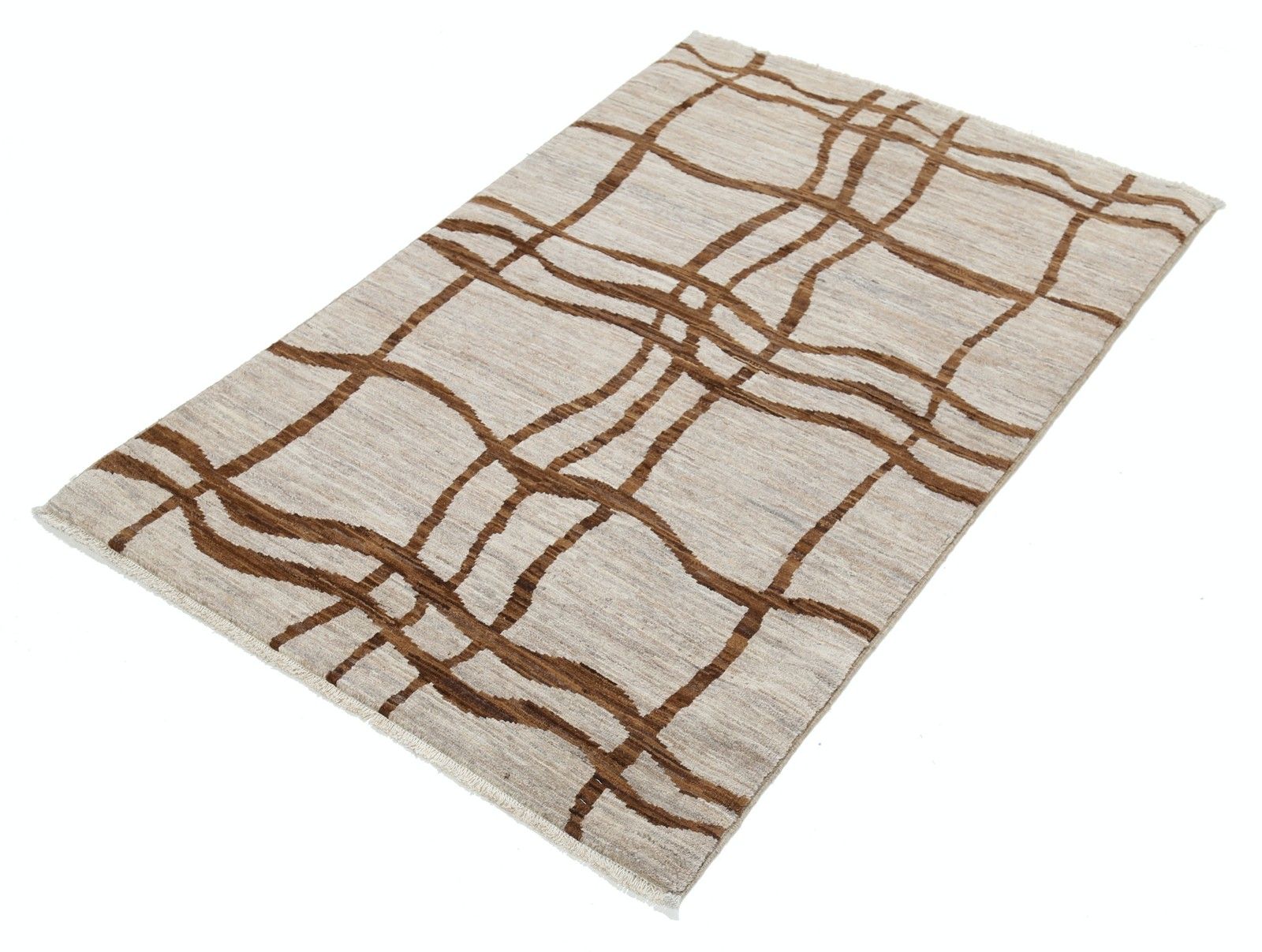 Tapis en laine noué à la main, ivoire et marron, motif linéaire abstrait - 1 x 1,46 m photo for sale