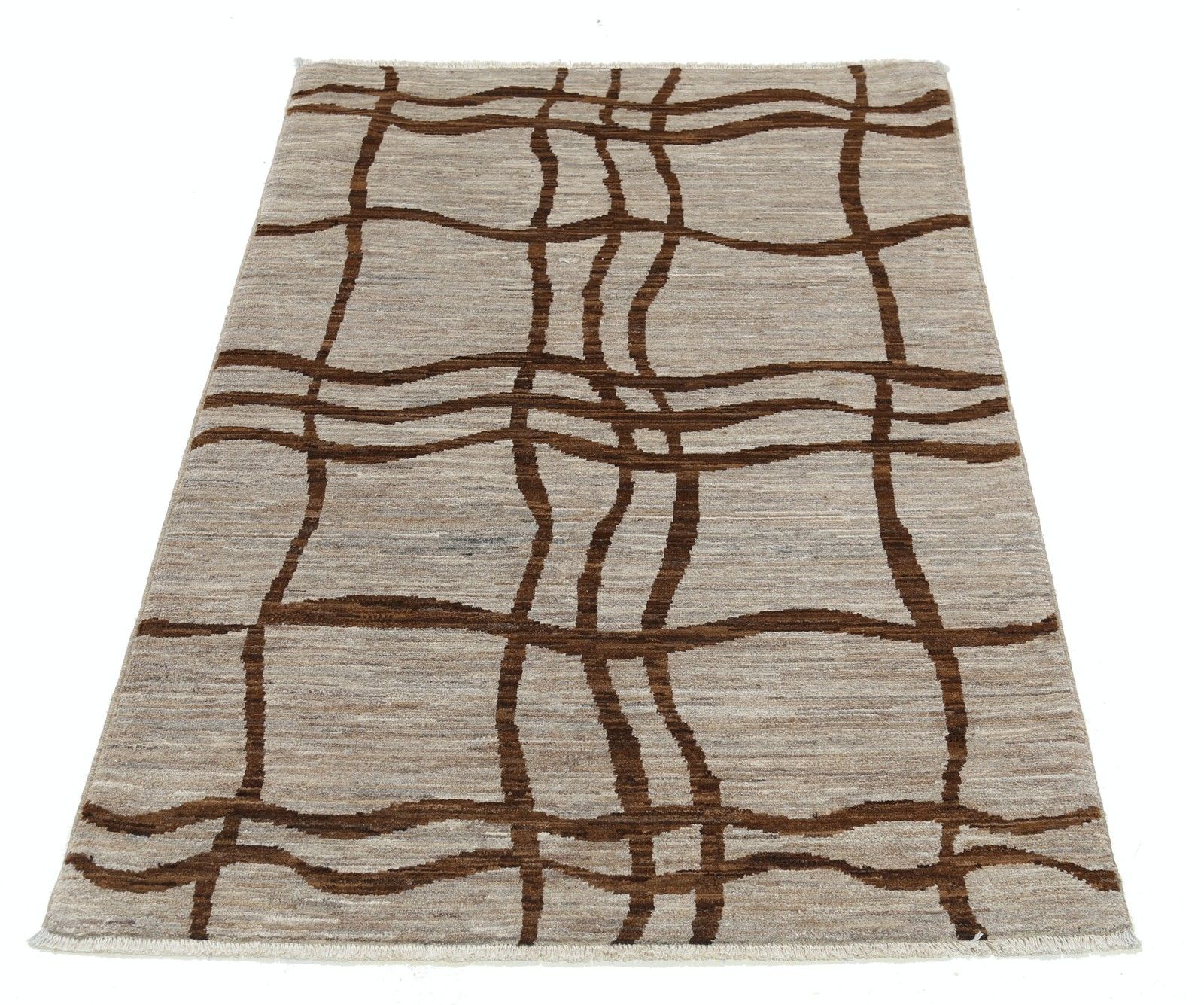 3.3x4.8 Ft Handknotted Ivory And Brown Wool Area Rug With Abstract Linear Design photo Textiles