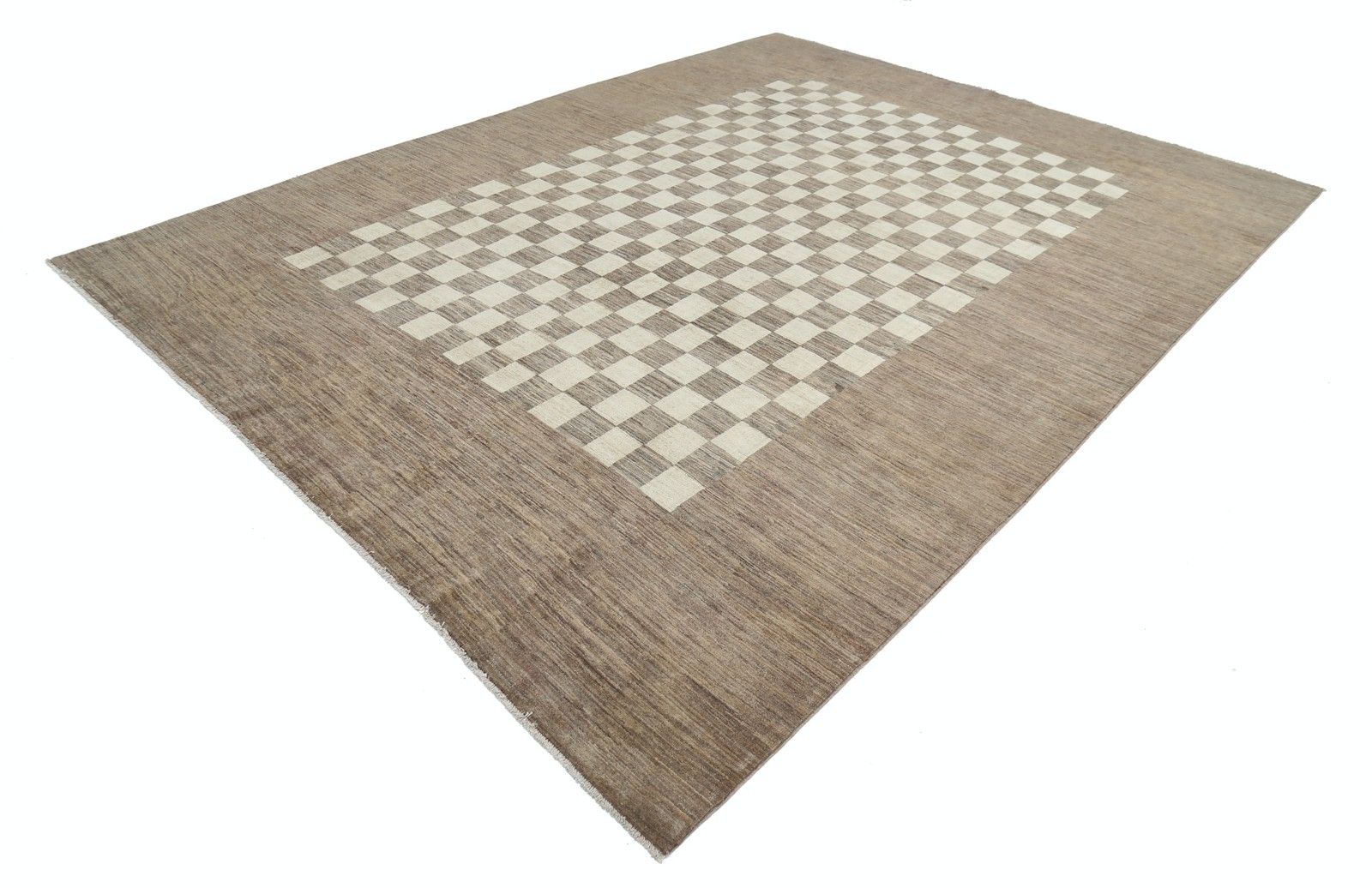 9x11.7 Ft Handmade Brown And Ivory Area Rug. Checkered Geometric Design Carpet photo for sale