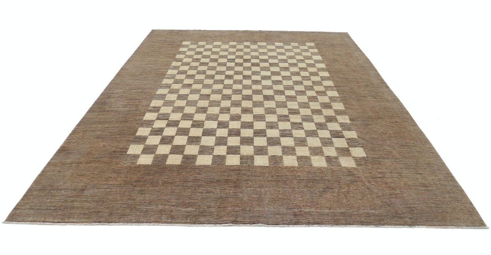 Tapis fait main brun et ivoire, 274 x 356 cm. Motif géométrique à carreaux photo Textiles