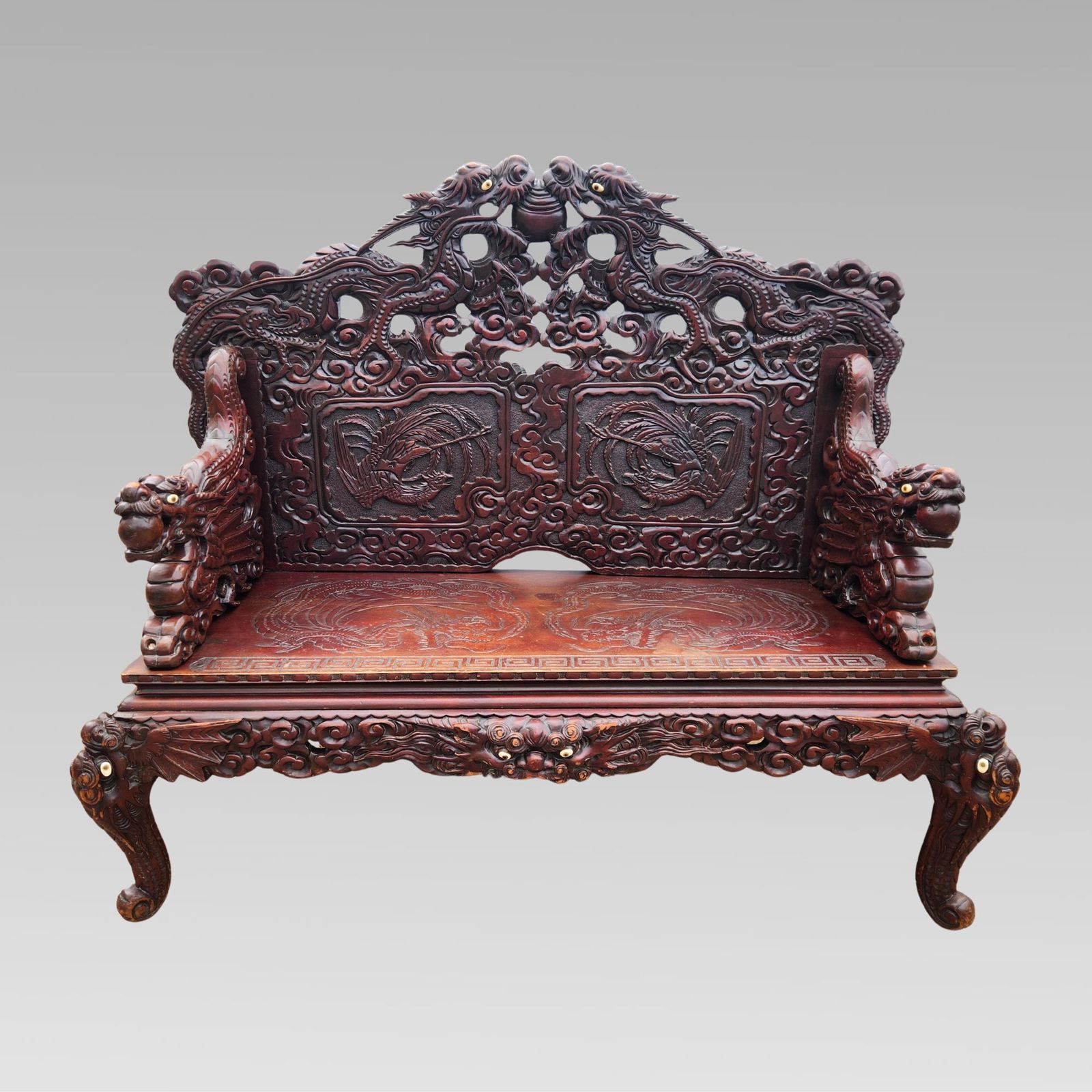 Exceptional Chinese Dragon Oriental Hall Bench Or Settle, Rosewood C1900 photo furniture