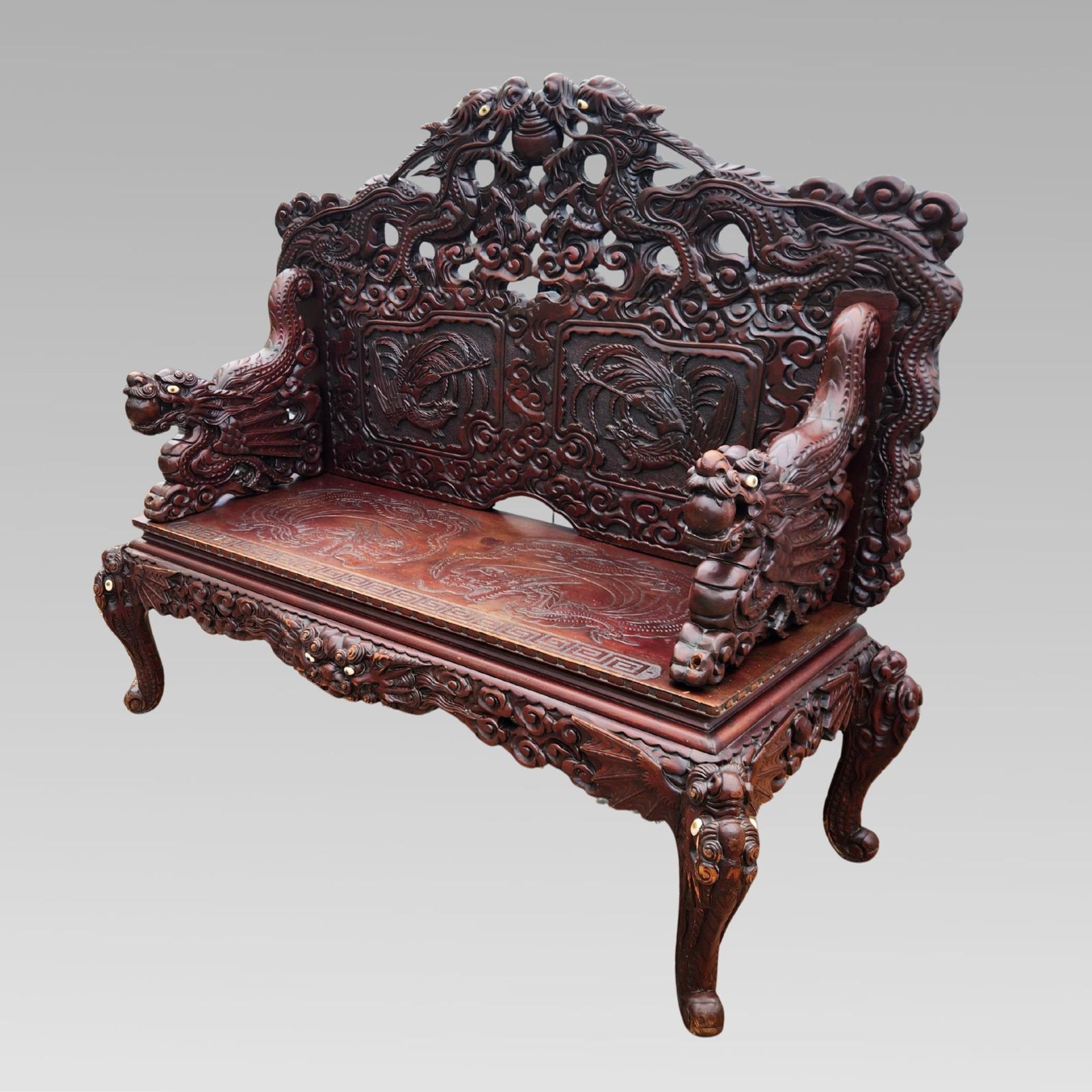 Exceptional Chinese Dragon Oriental Hall Bench Or Settle, Rosewood C1900 photo Furniture