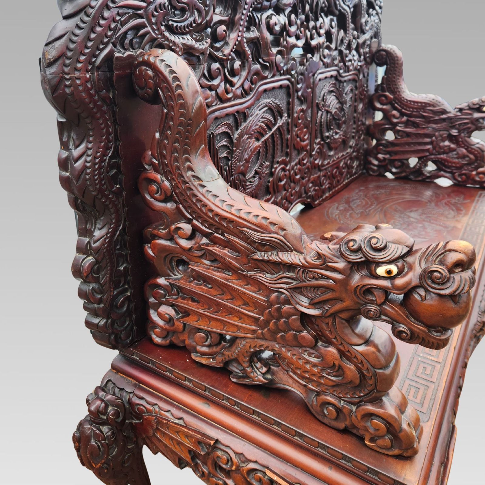 2950.0 Exceptional Chinese Dragon Oriental Hall Bench Or Settle, Rosewood C1900 photo