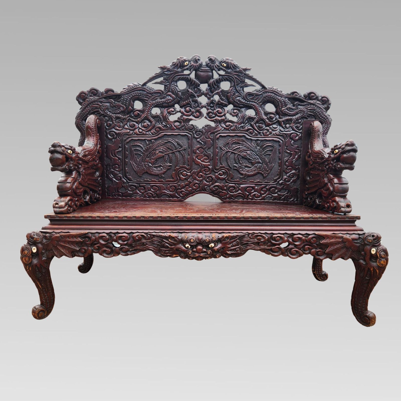 Exceptional Chinese Dragon Oriental Hall Bench Or Settle, Rosewood C1900