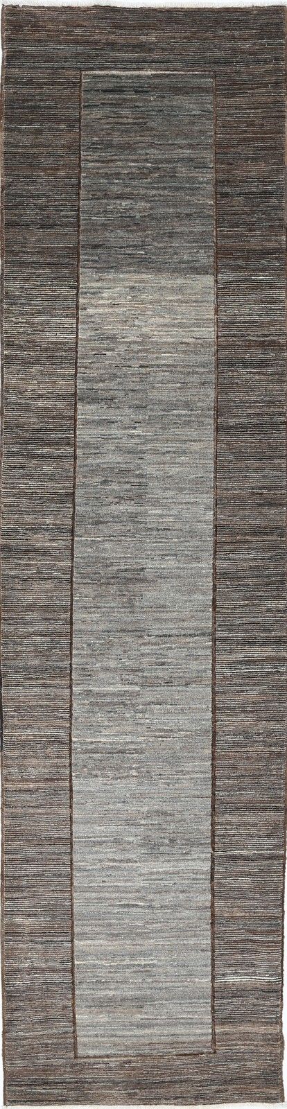 2.6x10.5 Ft Hand Knotted Brown, Gray Runner Rug. Modern Minimalist Hallway Rug