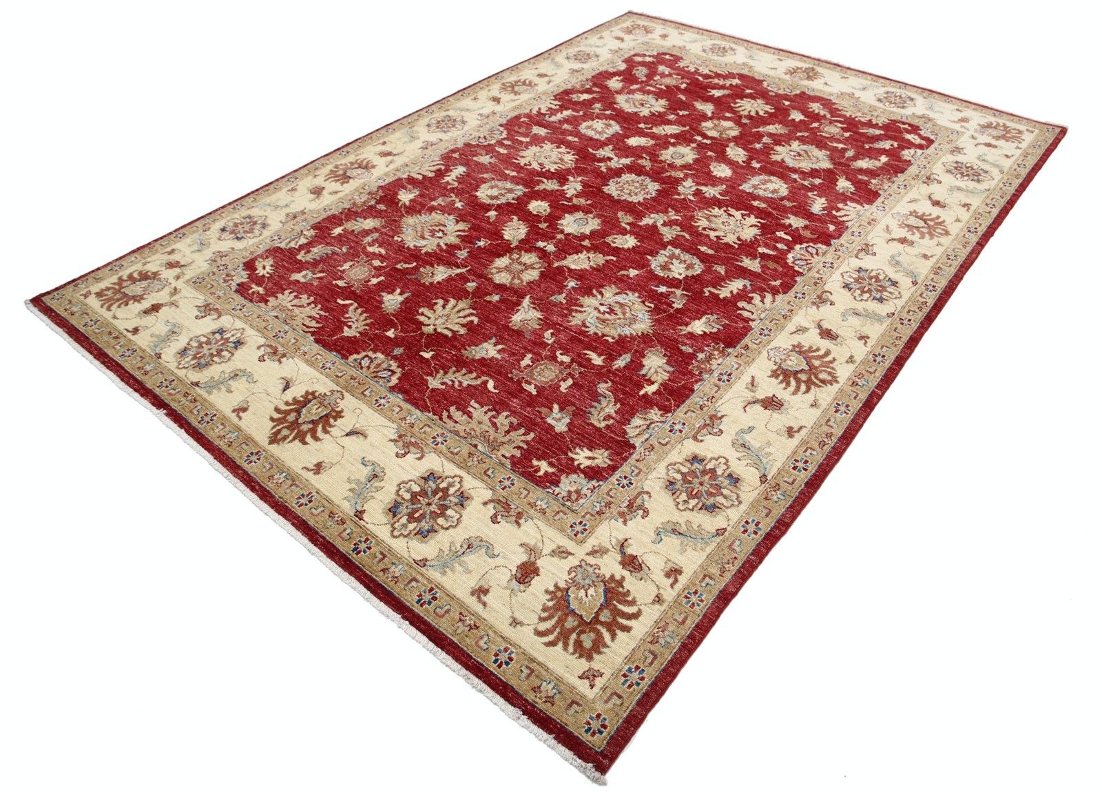 6.7x9.7 Ft Hand Knotted Floral Area Rug With Red Field And Beige Border photo for sale