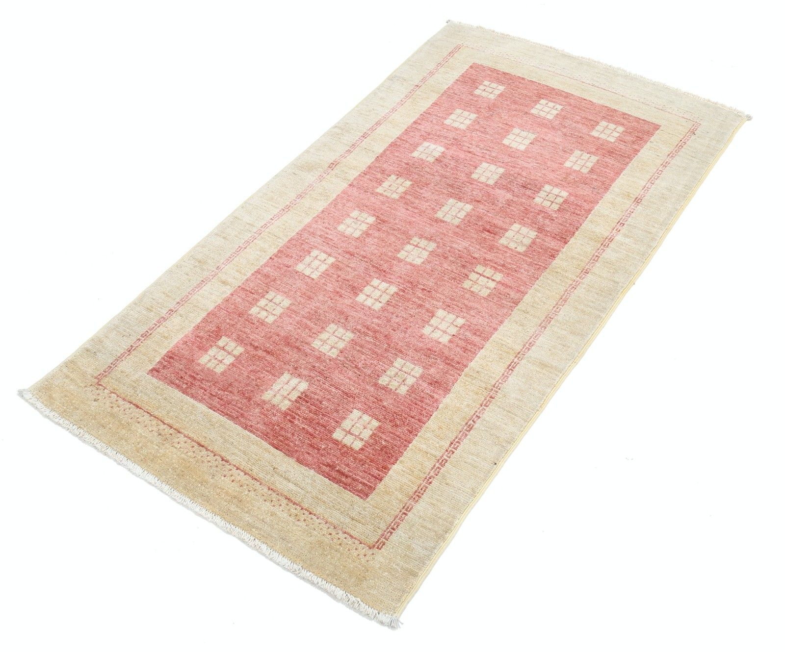 Tapis en laine noué à la main, motif géométrique, coloris or et rouge, 87 x 161 cm photo for sale