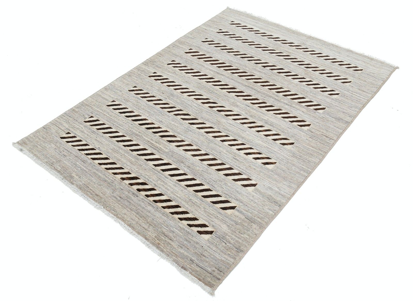 4x5.8 Ft Handknotted Ivory And Brown Wool Area Rug. Striped Geometric Accent Rug photo for sale