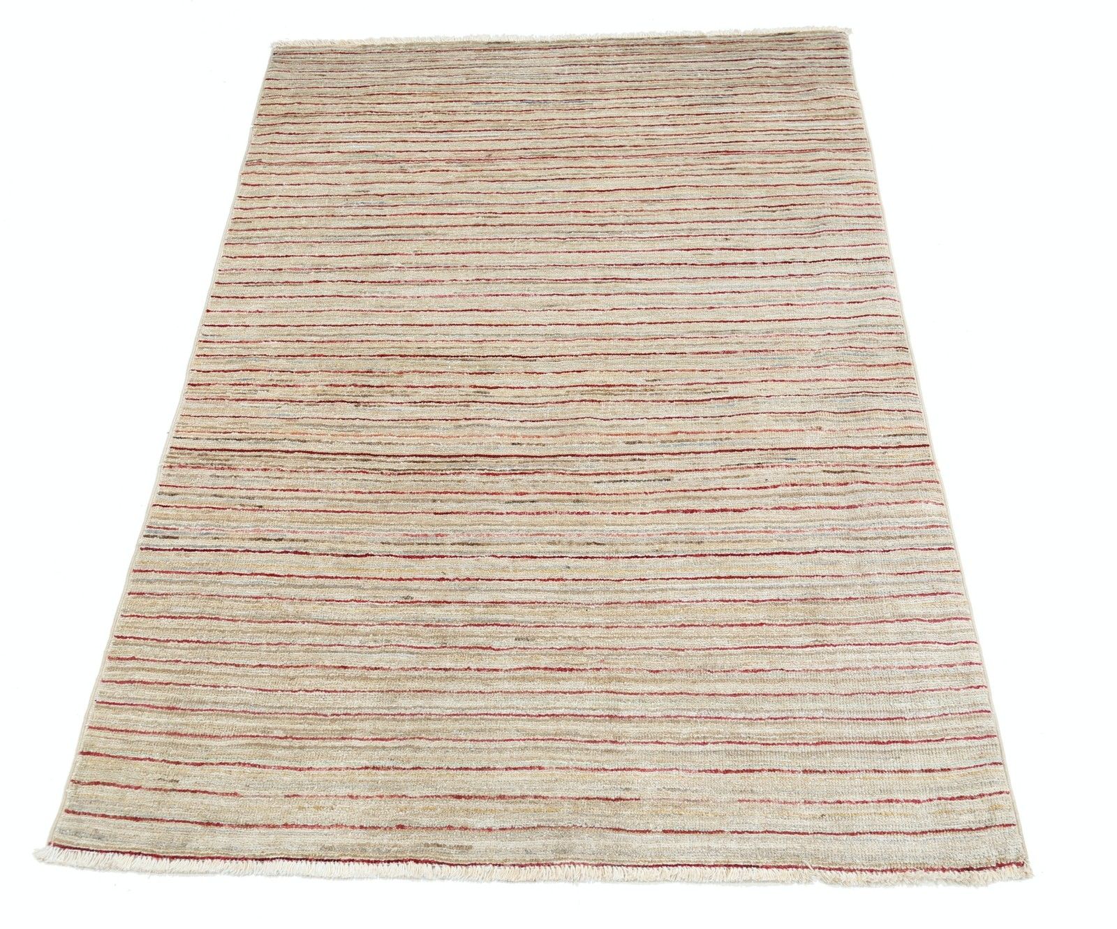 Tapis d'appoint noué à la main, ivoire, beige et rouge, 97 x 145 cm, motif rayé photo Textiles