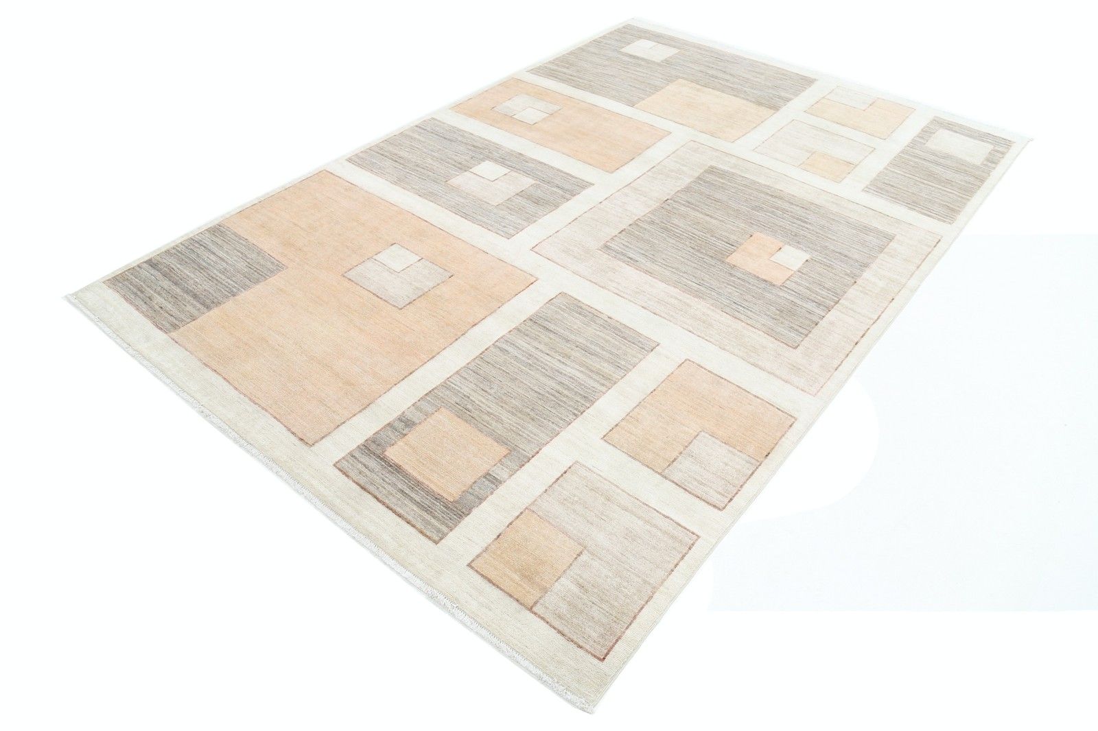 Tapis en laine noué à la main, beige et gris, motif géométrique abstrait - 1 x 1,35 m photo for sale