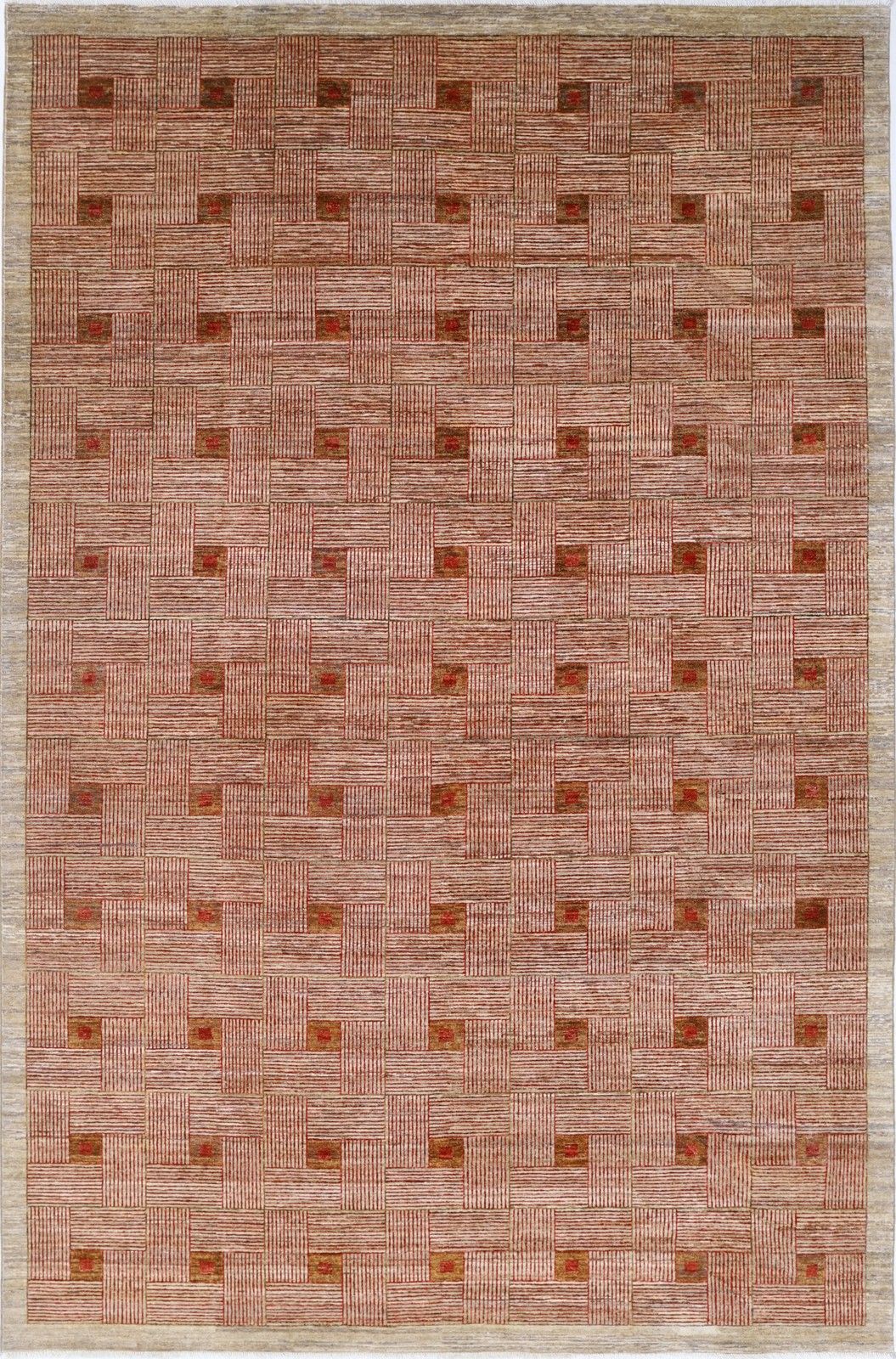 6,5x10 ft handgeknoopt vloerkleed in beige en rood, wol. Geweven tapijt met geometrisch dessin
