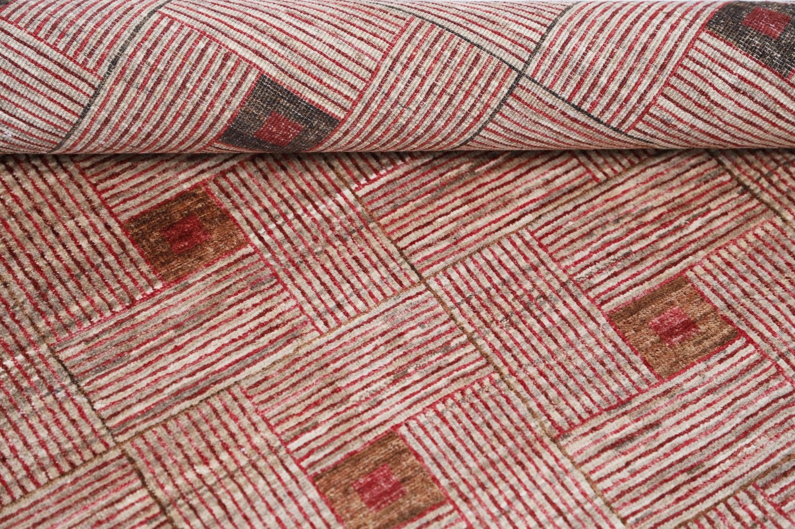 6.5x10 Ft Handknotted Beige And Red Wool Area Rug. Woven Geometric Design Carpet photo 2549.0