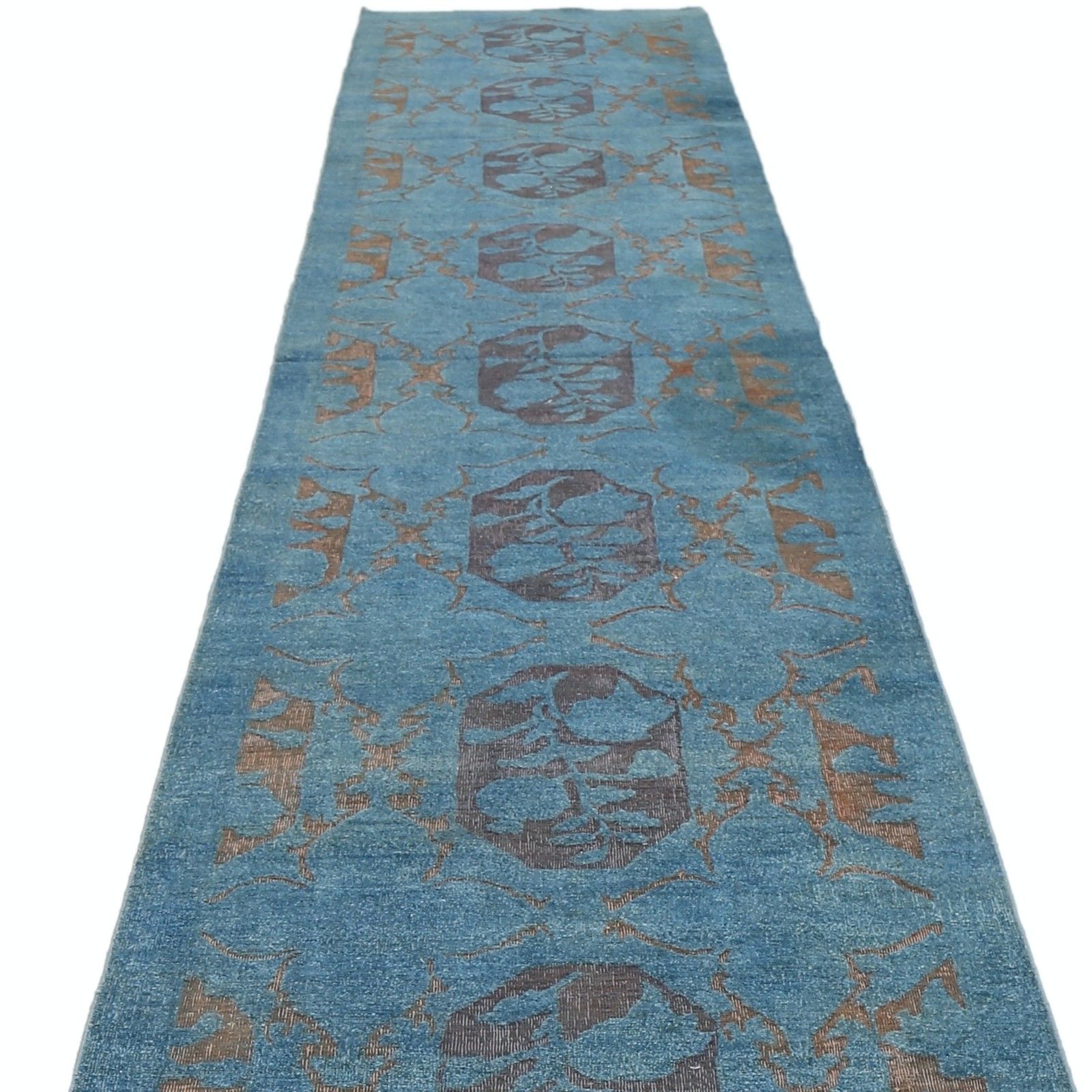 Tapis de couloir long fait main, bleu et marron, 0,97 x 5,95 m. Tapis de couloir fleuri. 100 % laine photo buy