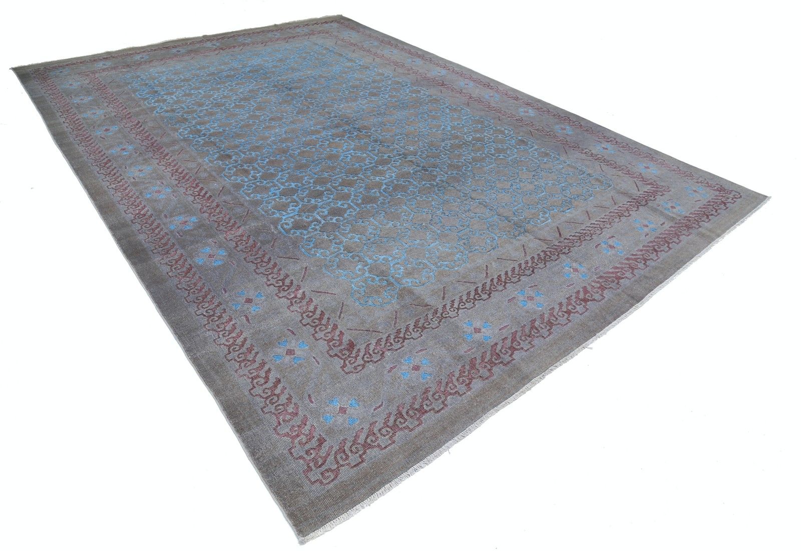 9.4x13 Ft Handmade Gray, Blue & Lavender Rug. Trellis Geometric Design Carpet photo furniture