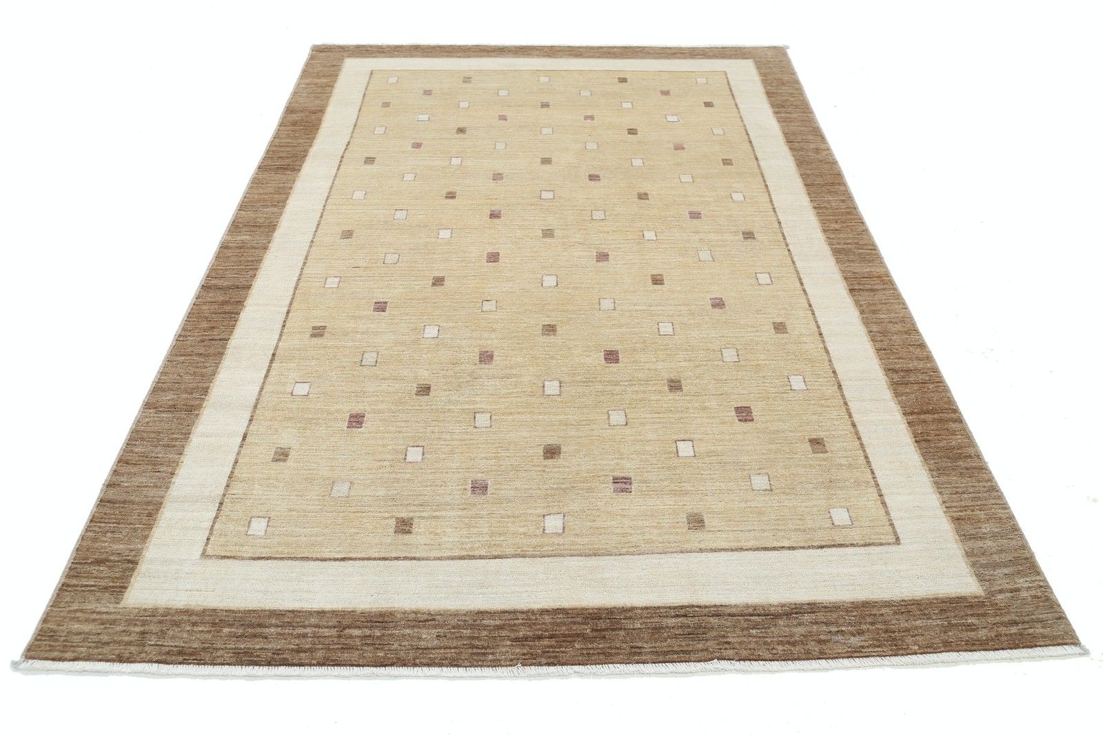 Tapis noué à la main beige et taupe, 1,71 x 2,44 m. Tapis à motif géométrique minimaliste à points photo Textiles