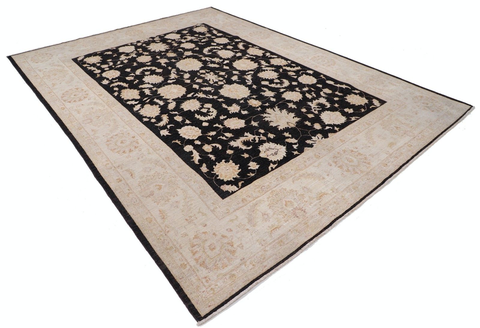 8.7x11.4 Ft Hand Knotted Floral Oushak Wool Large Area Rug In Black And Beige photo furniture