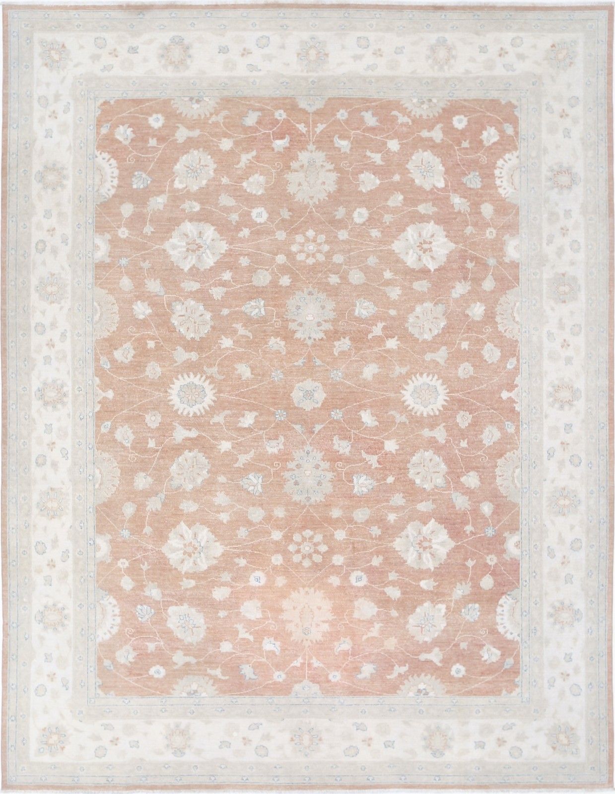 Tapis Oushak floral noué à la main, rouge doux et beige, 265 x 348 cm. 100 % laine