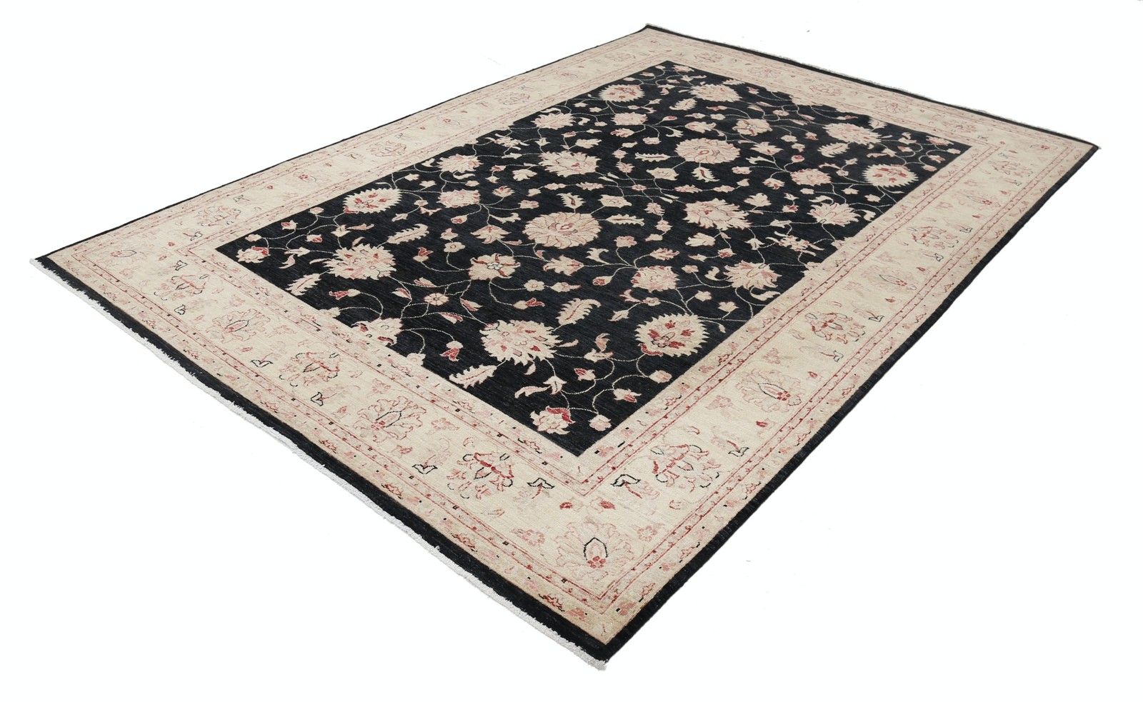 Handgeknoopt Bloemmotief Groot Vloerkleed 2,07 x 2,97 m met Zwart Veld en Beige Rand photo furniture