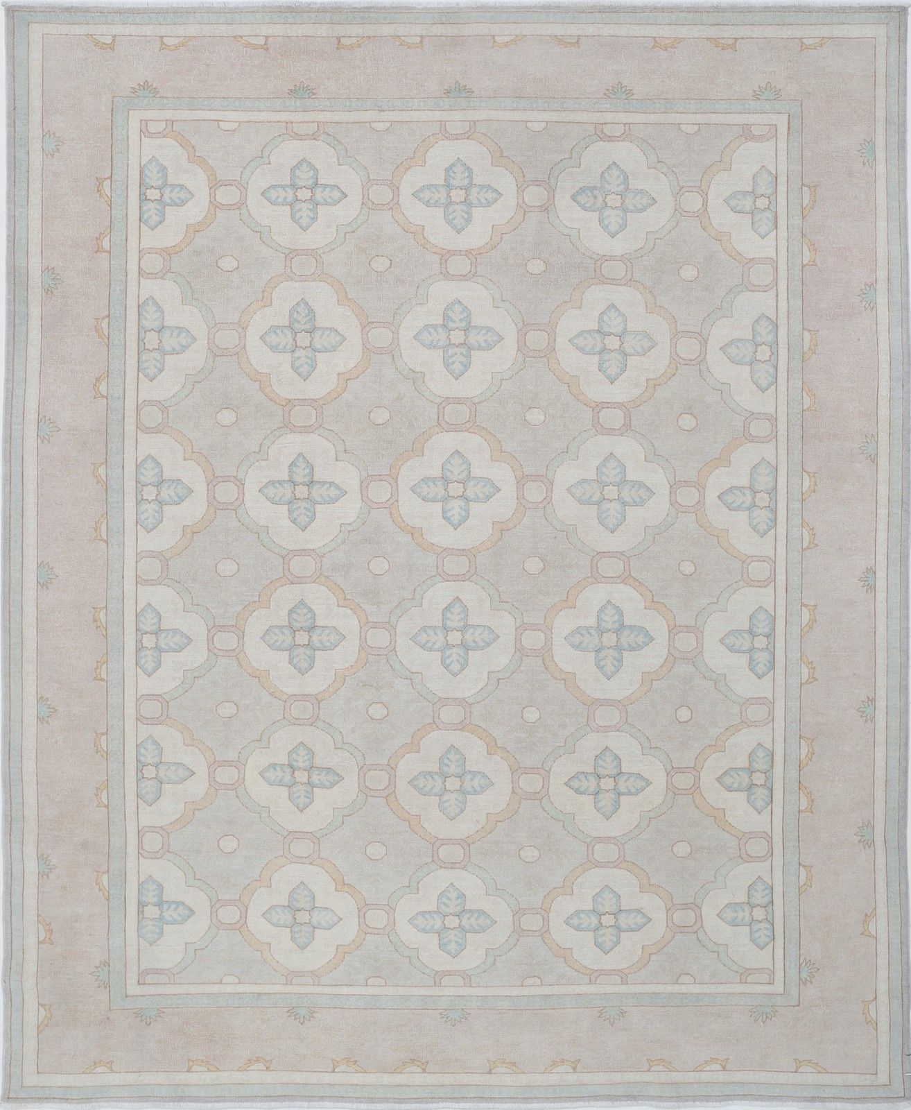 Tapis en laine noué à la main, beige, bleu clair et taupe, 242 x 300 cm - motif géométrique en treillis