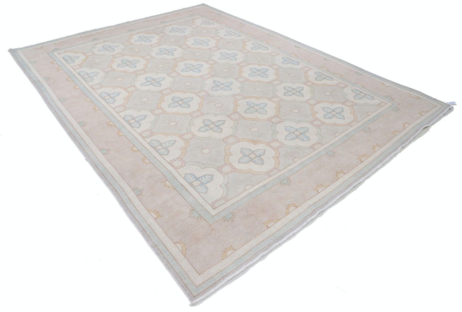 Tapis en laine noué à la main, beige, bleu clair et taupe, 242 x 300 cm - motif géométrique en treillis photo furniture