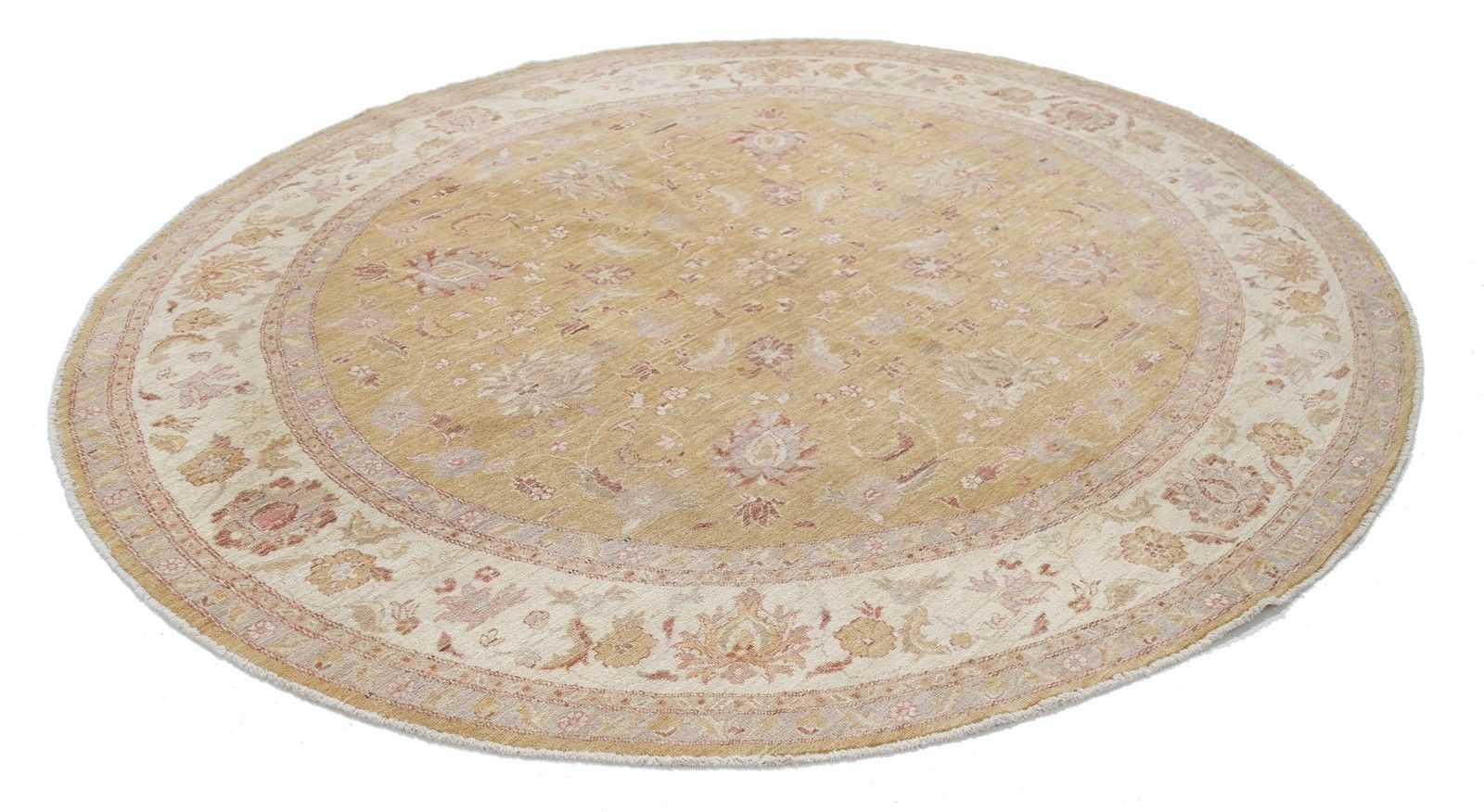 8x7 Ft Handmade Beige, Gold, Blush Round Rug. Traditional Floral Circle Carpet photo for sale