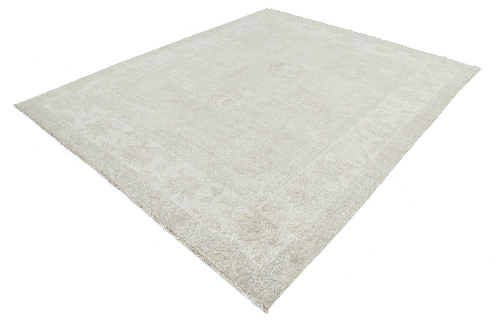 8x9,7 ft Handgeknoopt Beige Wollen Oushak Vloerkleed met Allover Bloemmotief photo for sale