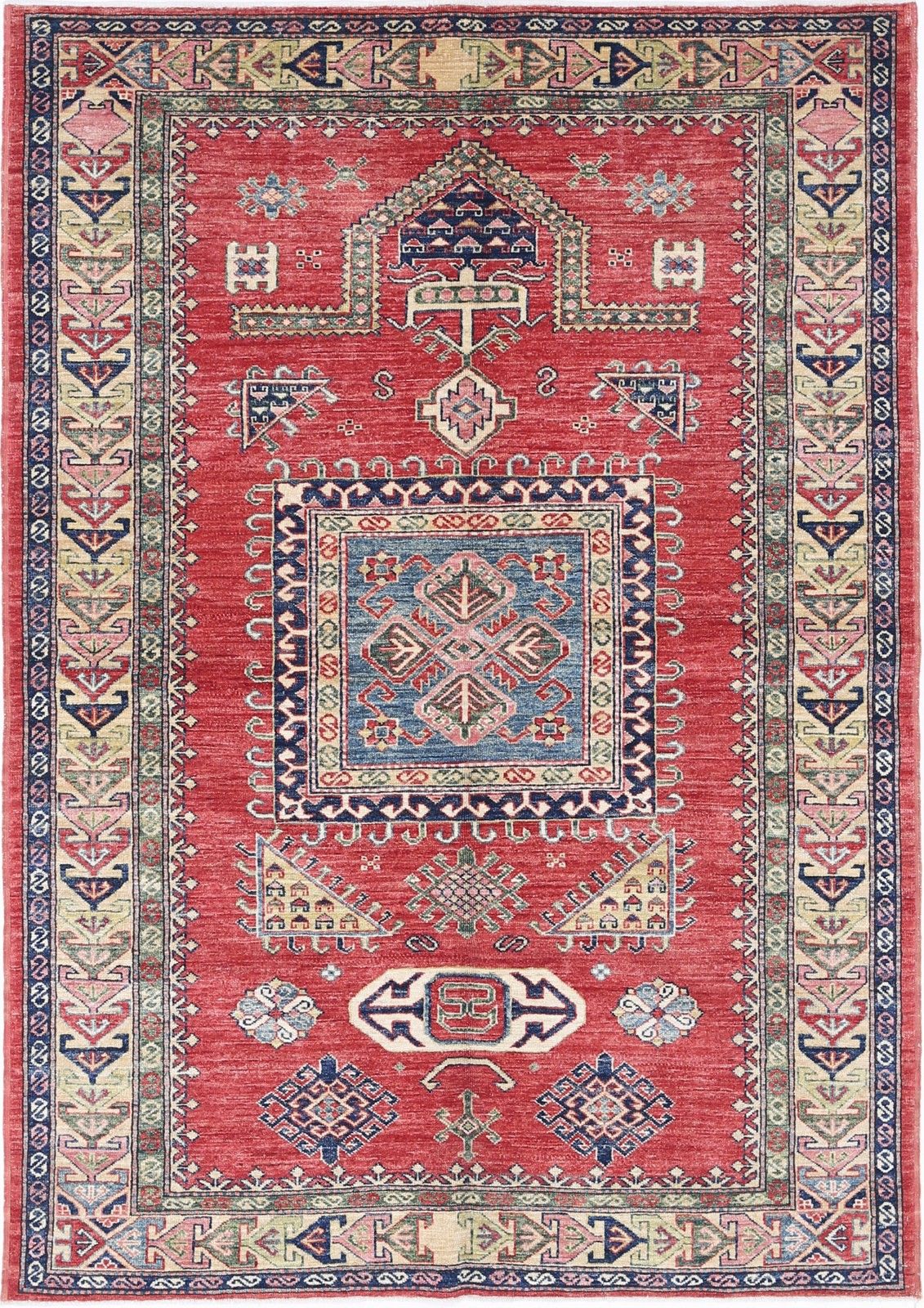 Tapis noué à la main rouge, bleu marine et ivoire, 145 x 213 cm. Motif géométrique tribal