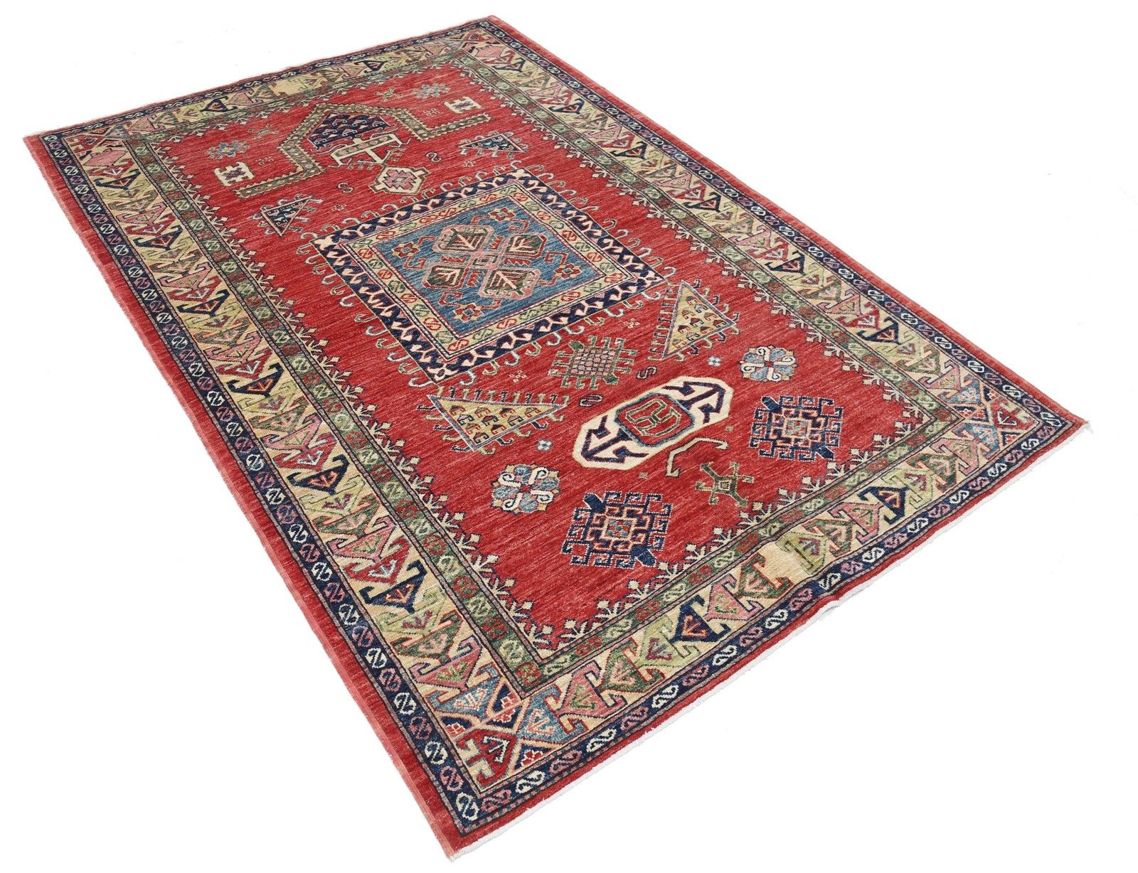 Tapis noué à la main rouge, bleu marine et ivoire, 145 x 213 cm. Motif géométrique tribal photo furniture