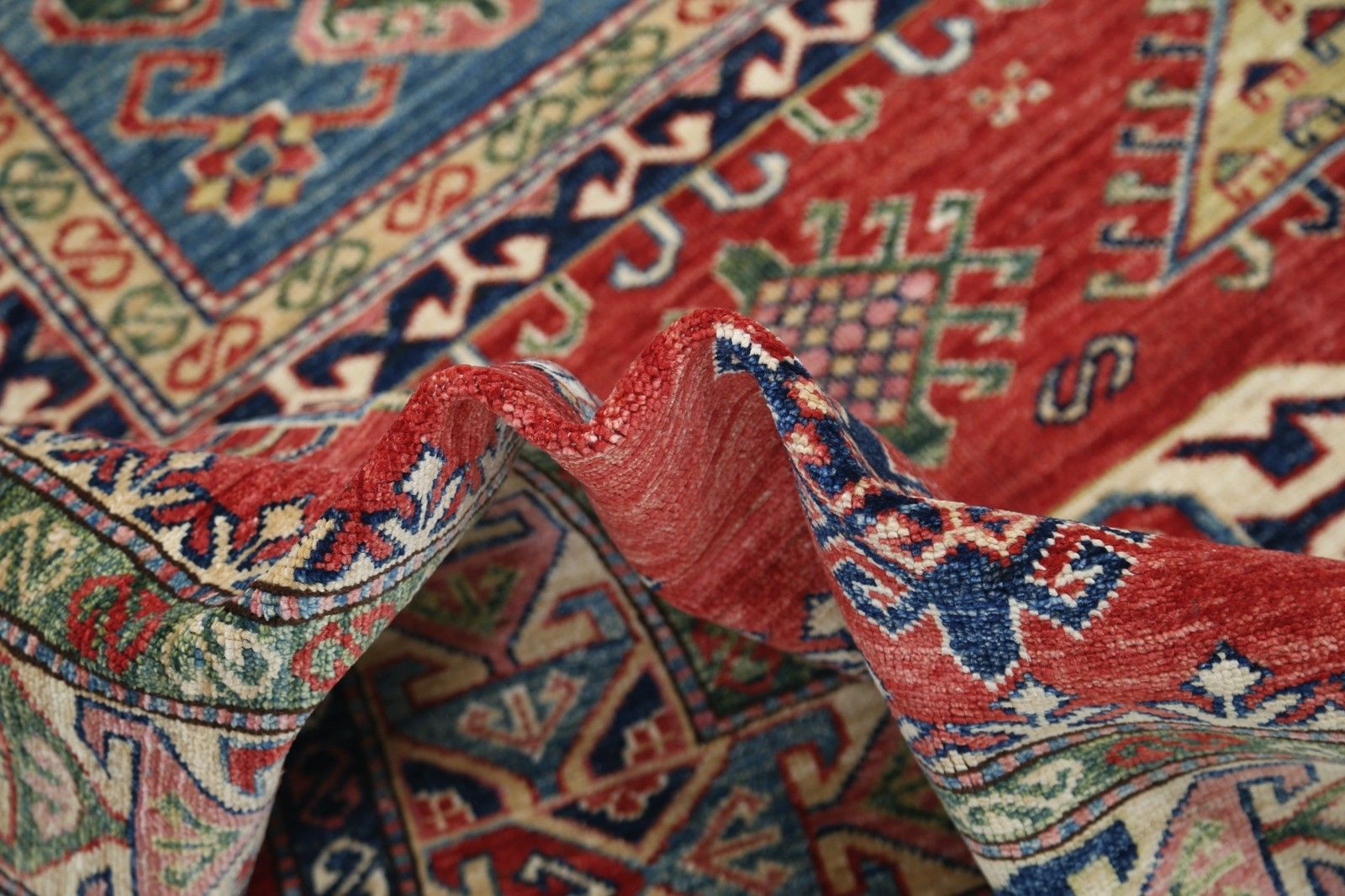 4.8x7 Ft Hand Knotted Red, Navy Blue, Ivory Rug. Geometric Tribal Pattern Carpet photo vinterior