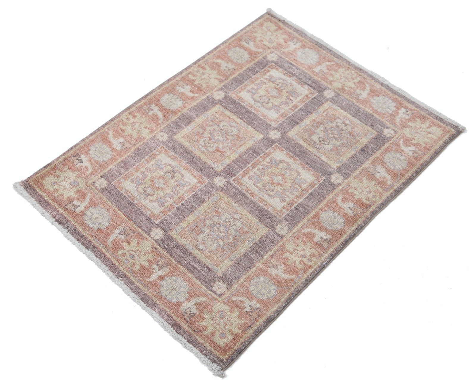 Tapis 67 x 91 cm noué à la main, rouille, brun et or, motif géométrique floral photo for sale