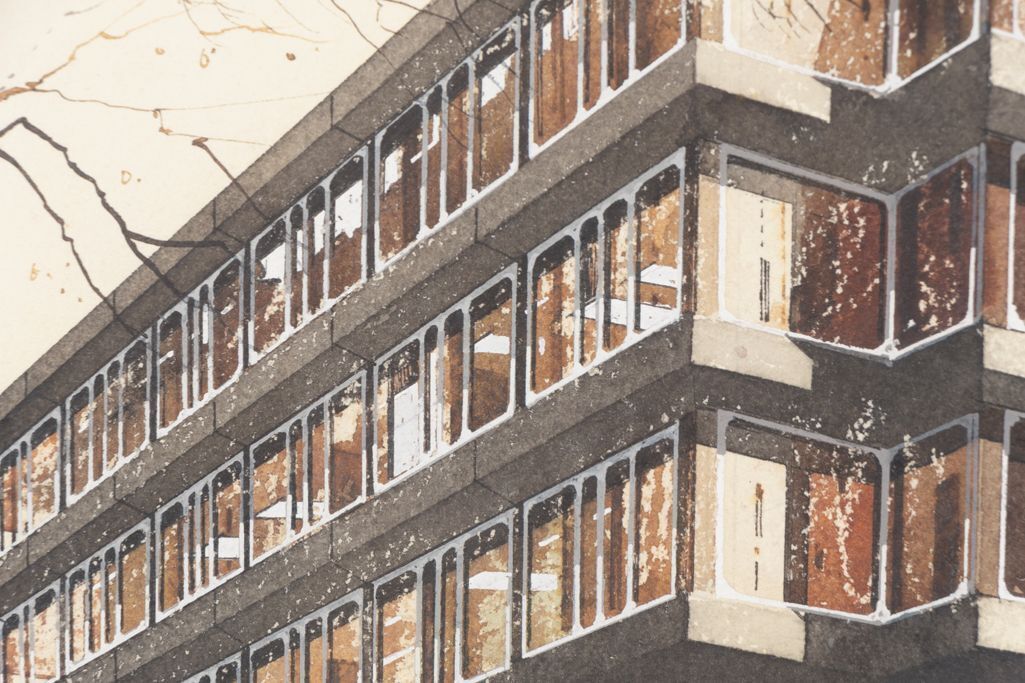 Architectural Perspective Watercolour For Kingston Hospital By Peter Sainsbury 1968 photo furniture