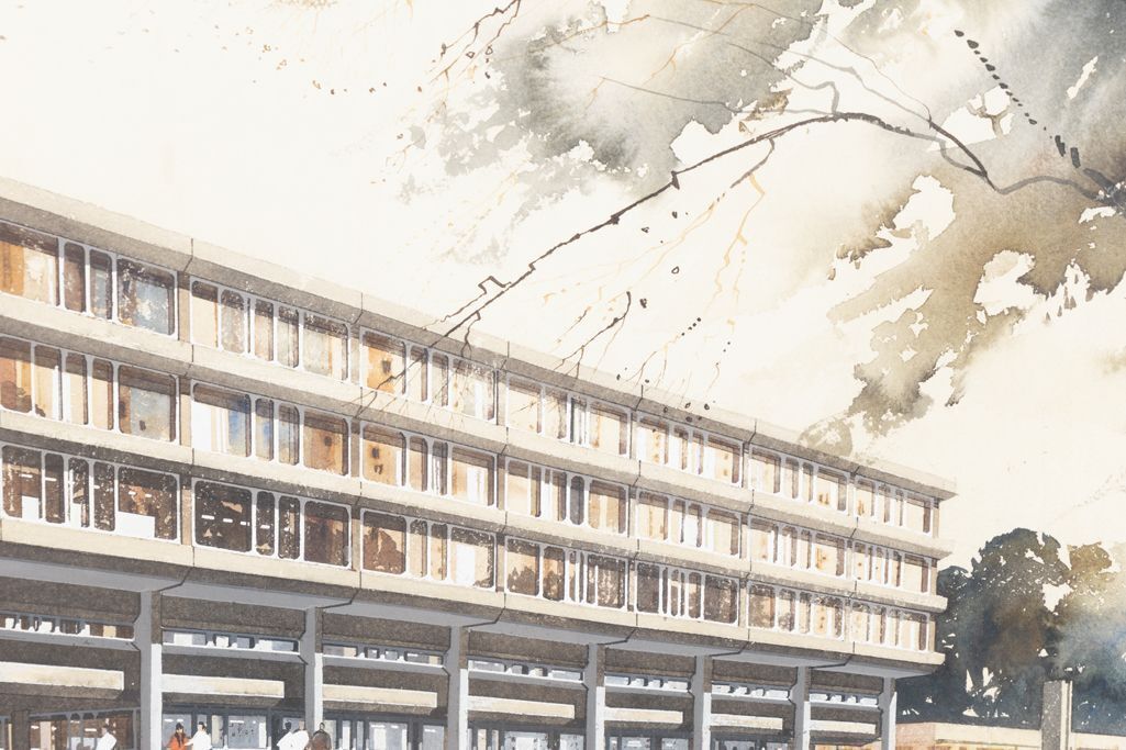 Architectural Perspective Watercolour For Kingston Hospital By Peter Sainsbury 1968 photo Art