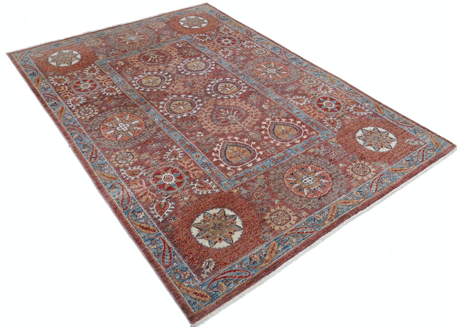Tapis traditionnel fait main rouille, bleu clair et beige à motif floral, 1,71 x 2,32 m photo furniture