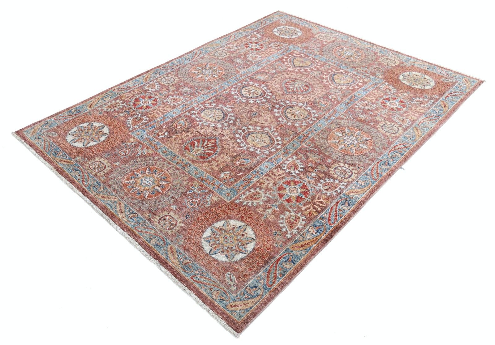 Tapis traditionnel fait main rouille, bleu clair et beige à motif floral, 1,71 x 2,32 m photo for sale