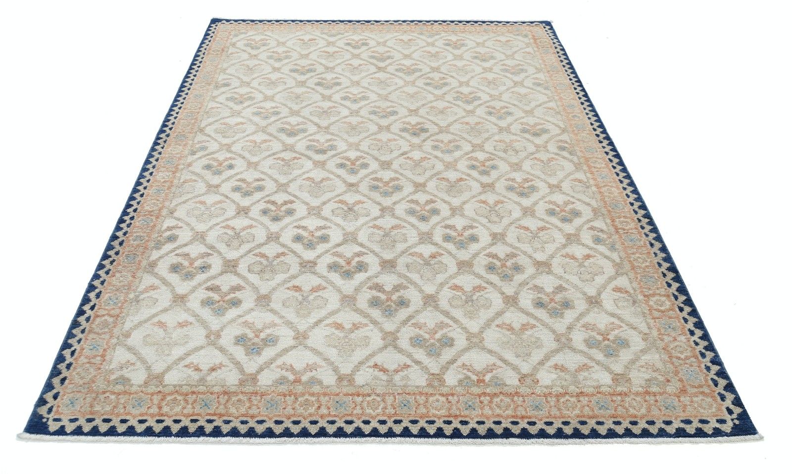 5,6 x 7,8 ft handgeknoopt wollen vloerkleed in beige en blauw met geometrisch bloemmotief photo Textiel