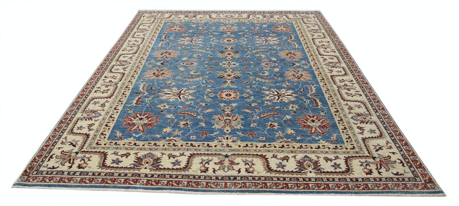 Tapis à motifs floraux noué à la main, champ bleu et bordure beige, 2,06 x 2,82 m photo Textiles