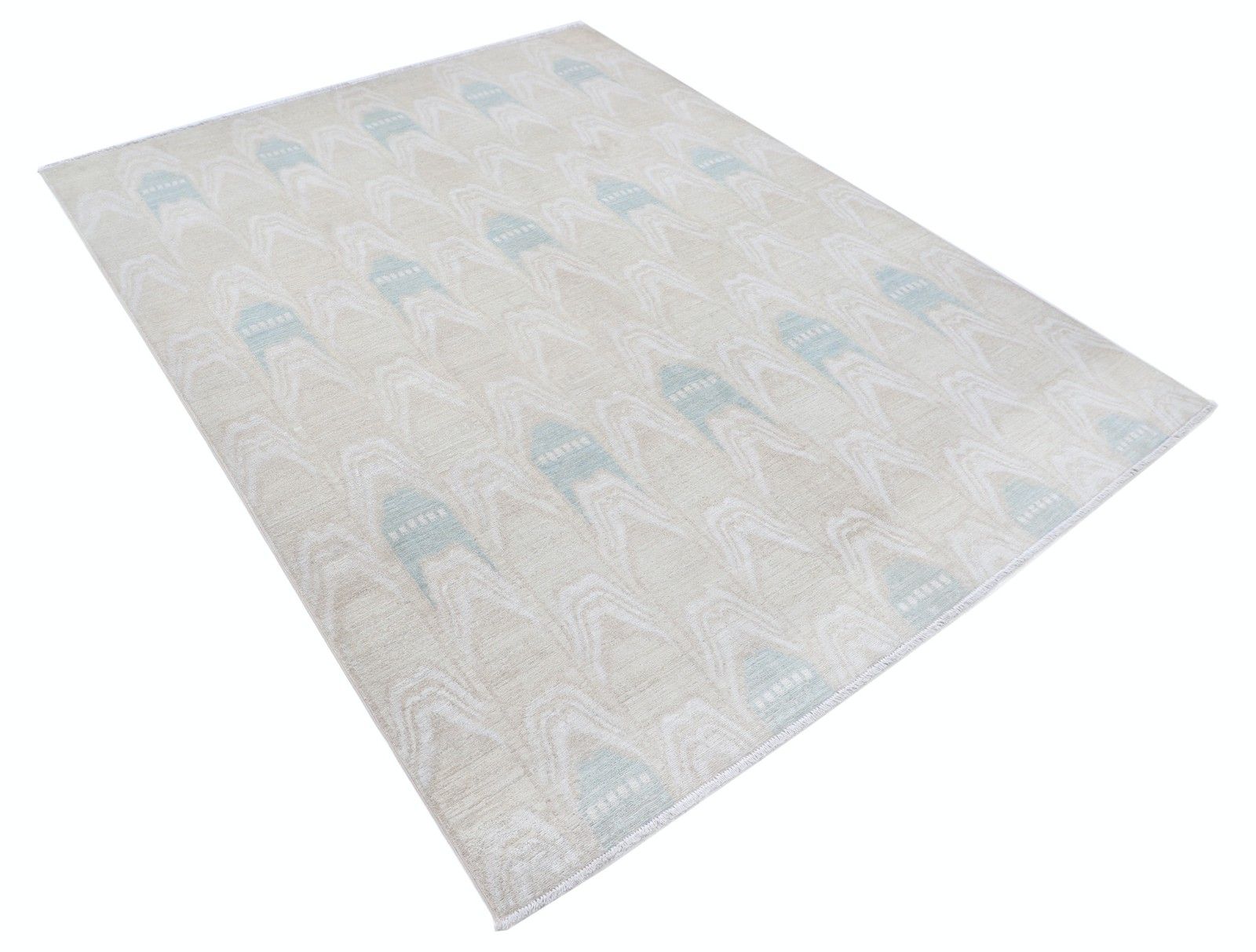 Tapis en laine noué à la main, bleu clair et beige, motif géométrique - 5,8 x 7,5 ft photo furniture