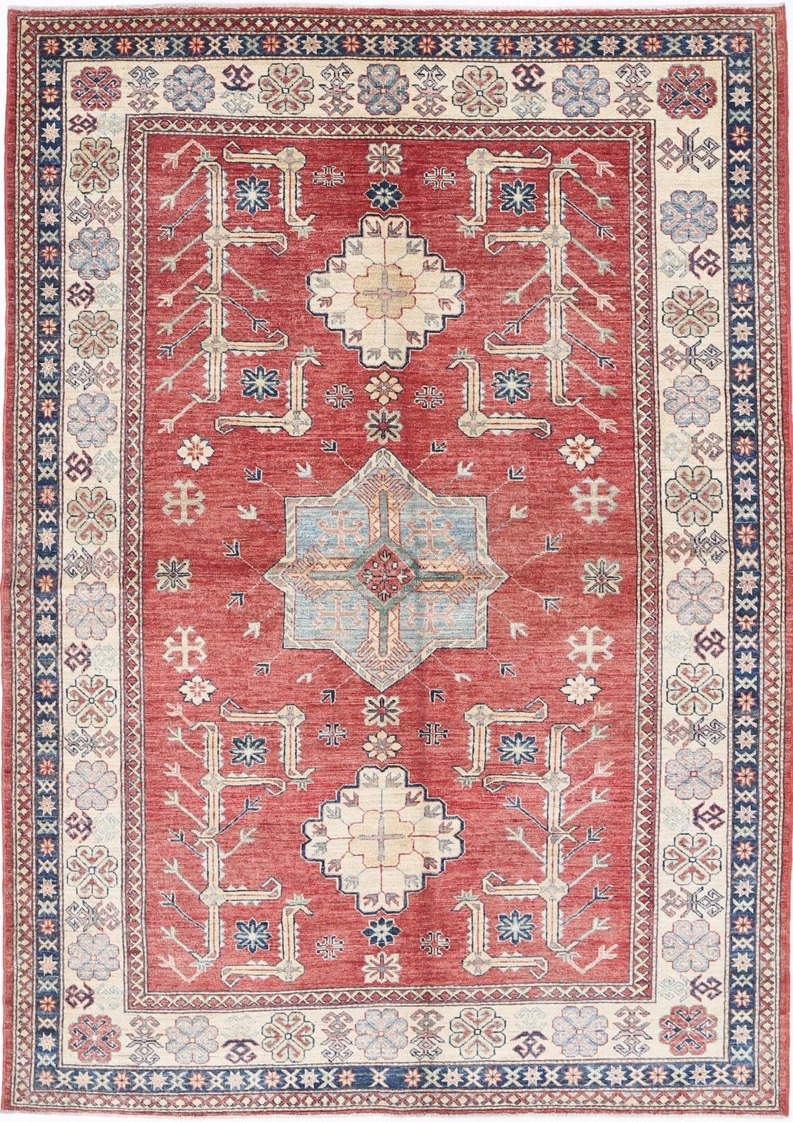 5.7x8 Ft Handknotted Red Wool Area Rug For Living Room, Bedroom, And Dining Room
