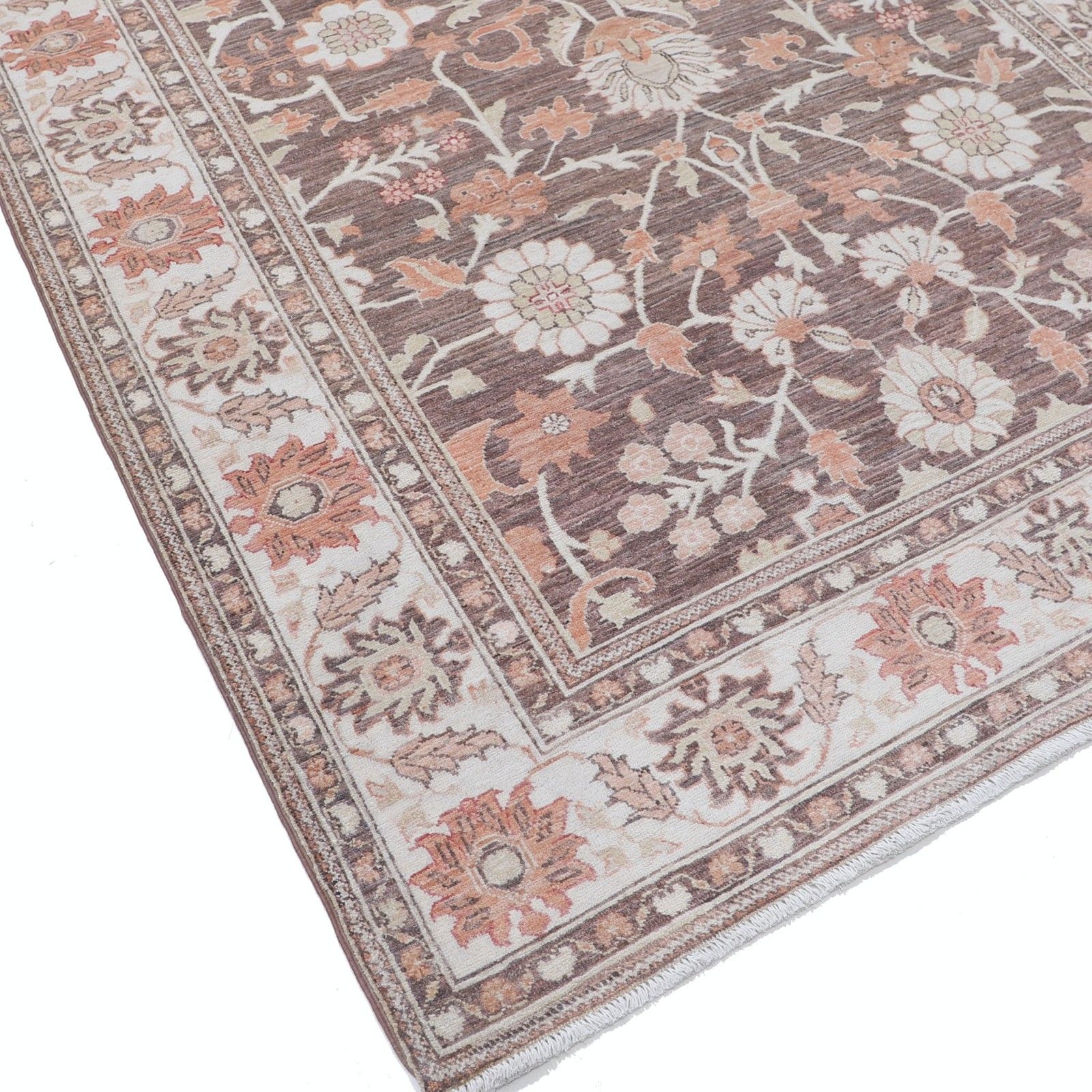 Tapis noué à la main 150 x 290 cm, taupe, beige et rose poudré. Tapis à motif floral traditionnel photo vinterior