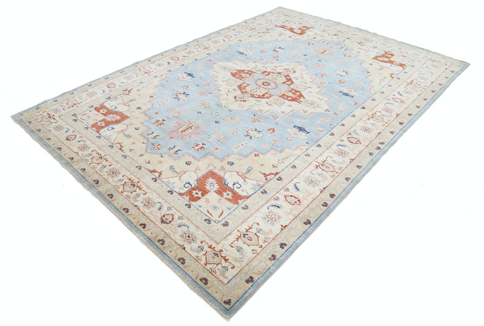 Grand tapis noué à la main bleu clair et ivoire, 7 x 10,2 ft - Tapis turc à motifs géométriques photo for sale