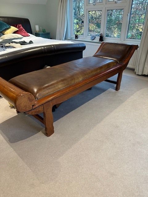 19th Century Brown Leather And Studded Hardwood Teak Chaise Long. Full Length And Very Substantial. A Beautiful Piece. photo for sale