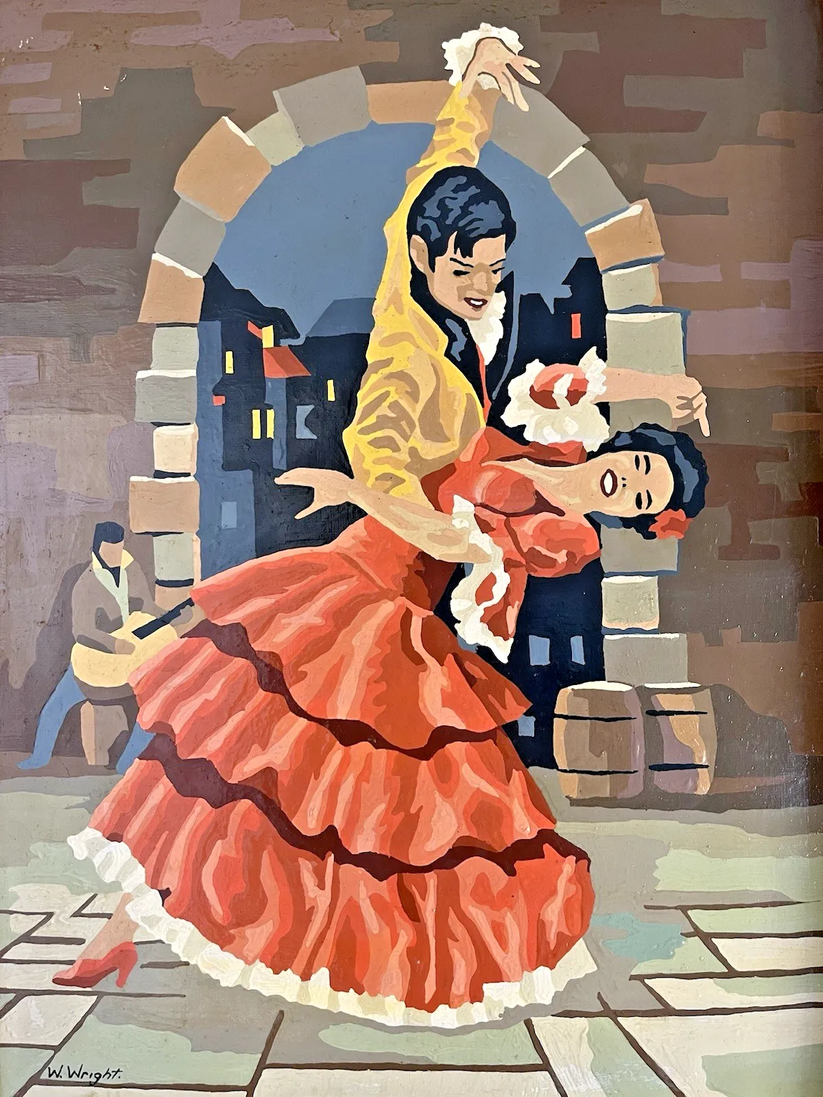 Original Vintage 1963 Spanish Flamenco Dancers Painting Mid Century Teak Frame photo for sale