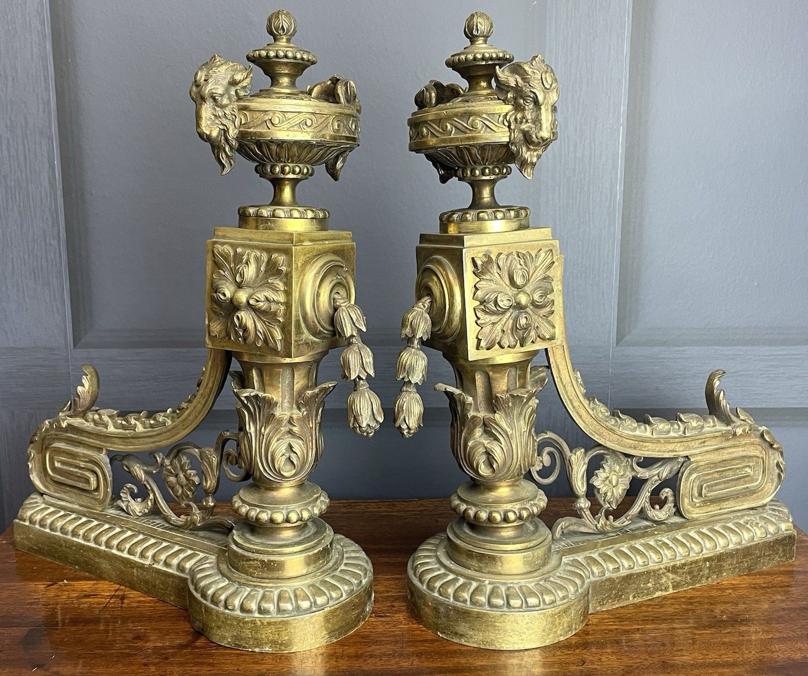 French Empire Brass Chenet Andirons Pair Decorative Ram Fire Dogs 19th Century