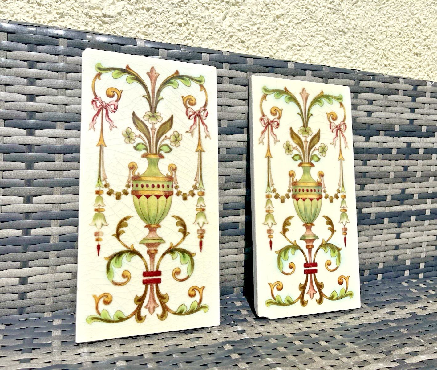 Rare Pair Of Antique English Sherwin & Cotton 12 X 6 Fireplace Tiles Regency Urn