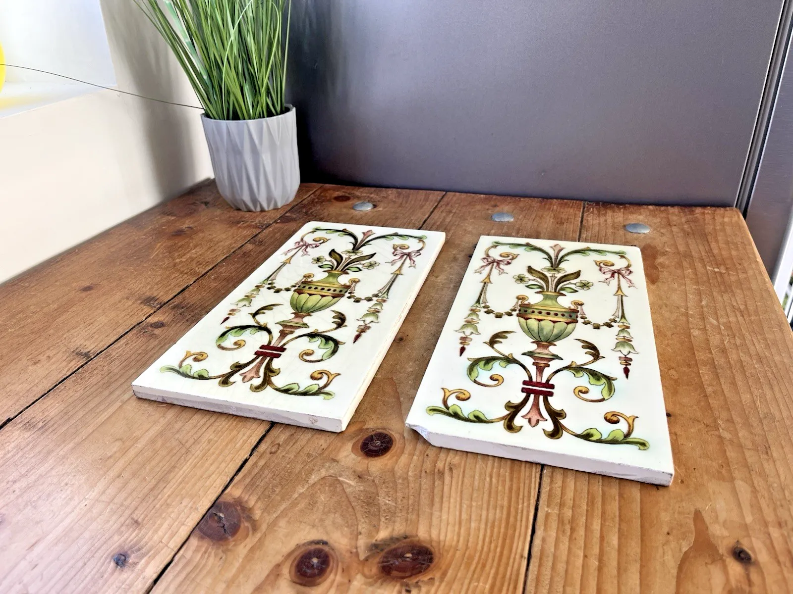 photo buy Rare Pair Of Antique English Sherwin & Cotton 12 X 6 Fireplace Tiles Regency Urn