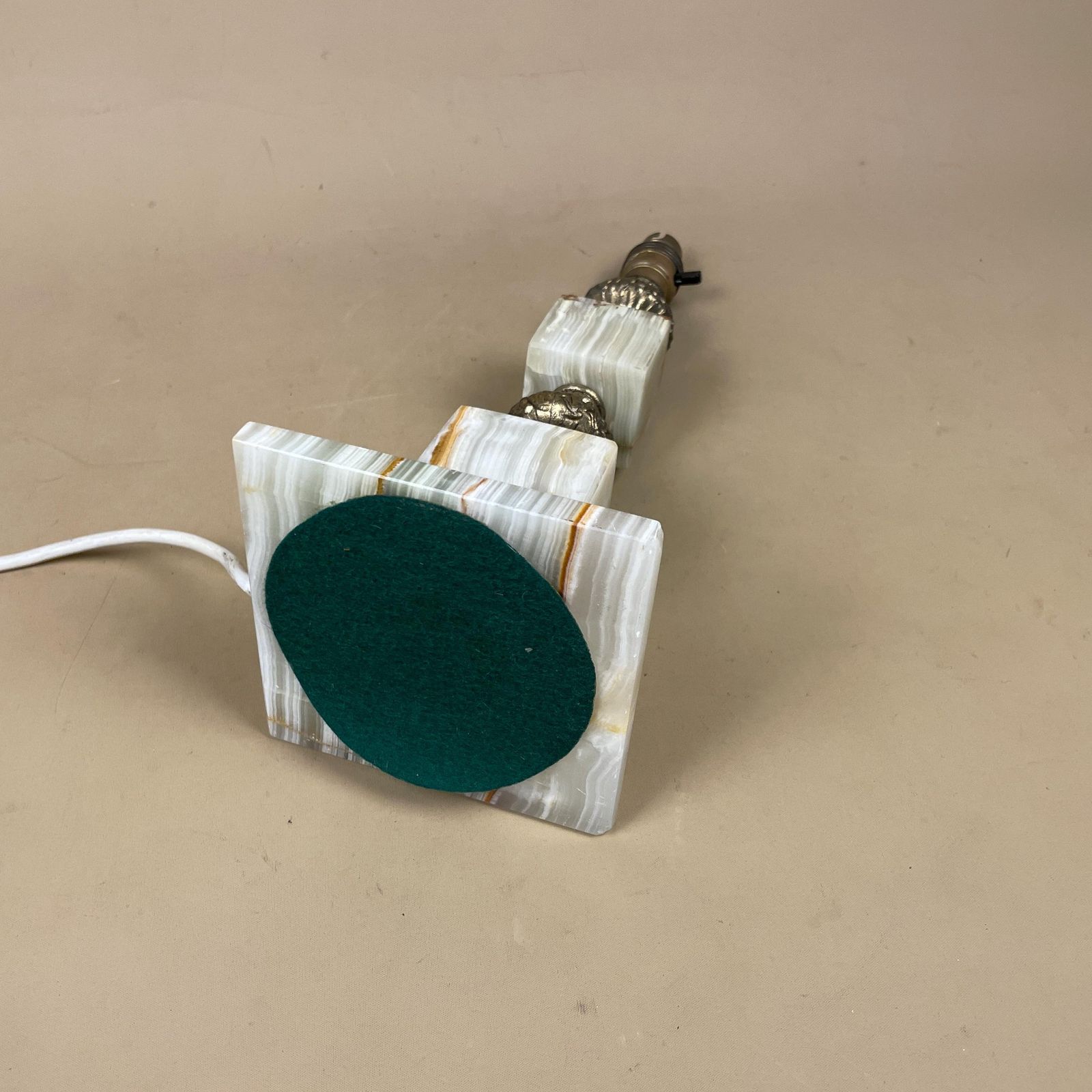 photo for sale Green Onyx Marble Lamp Light Bedside Brass Gold Metal Ornate Square Base Marbled Pattern Heavy Classic Column Natural Stone Antique Vintage