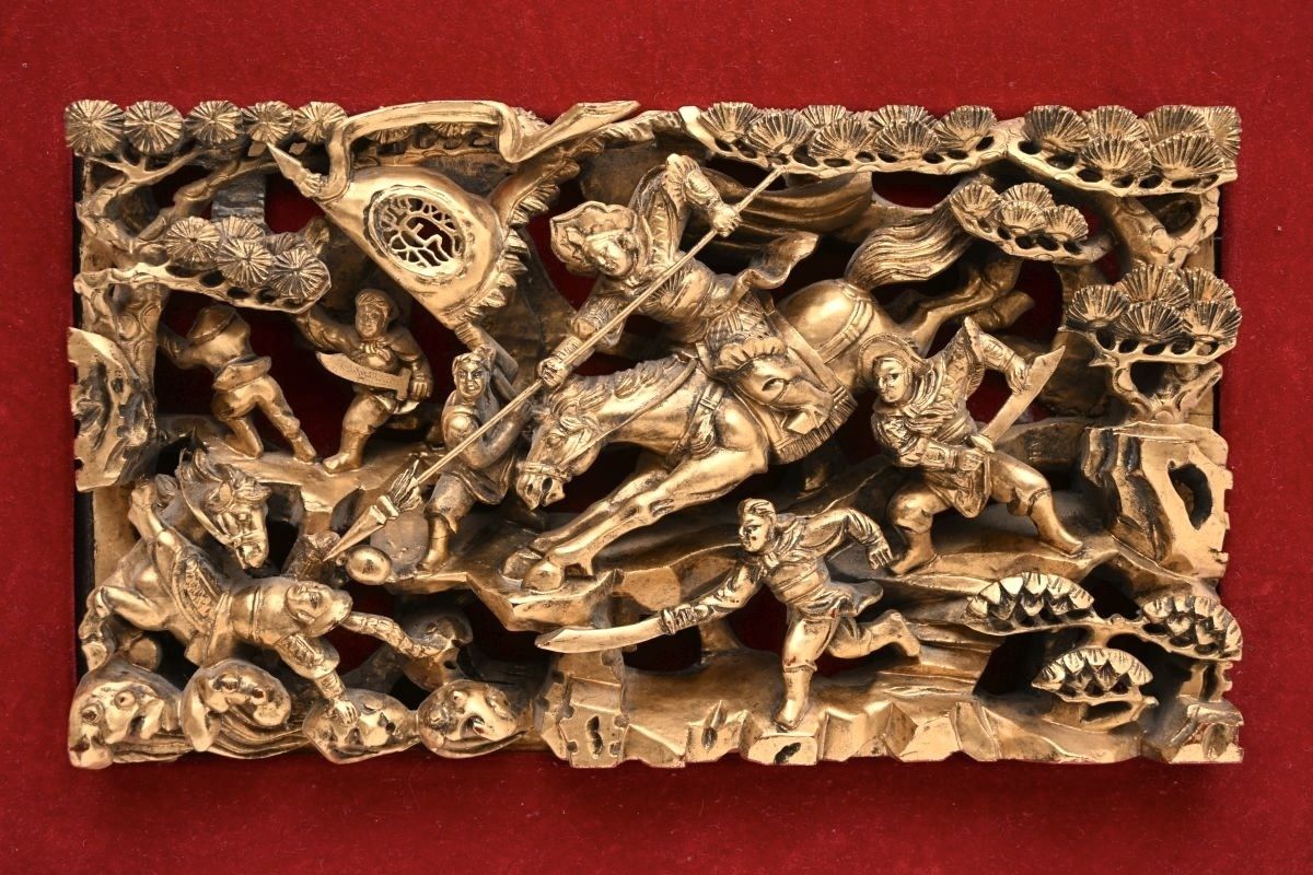Antique Oriental Carved Wood And Gilt Panel photo for sale