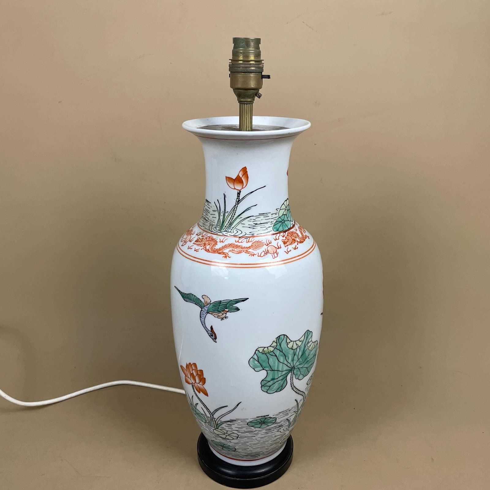 Large Oriental Ceramic Lamp Light Bedside Table Hand Painted Floral Design Pattern Wood Base Chinese Vase White Antique Brass Vintage Green photo for sale