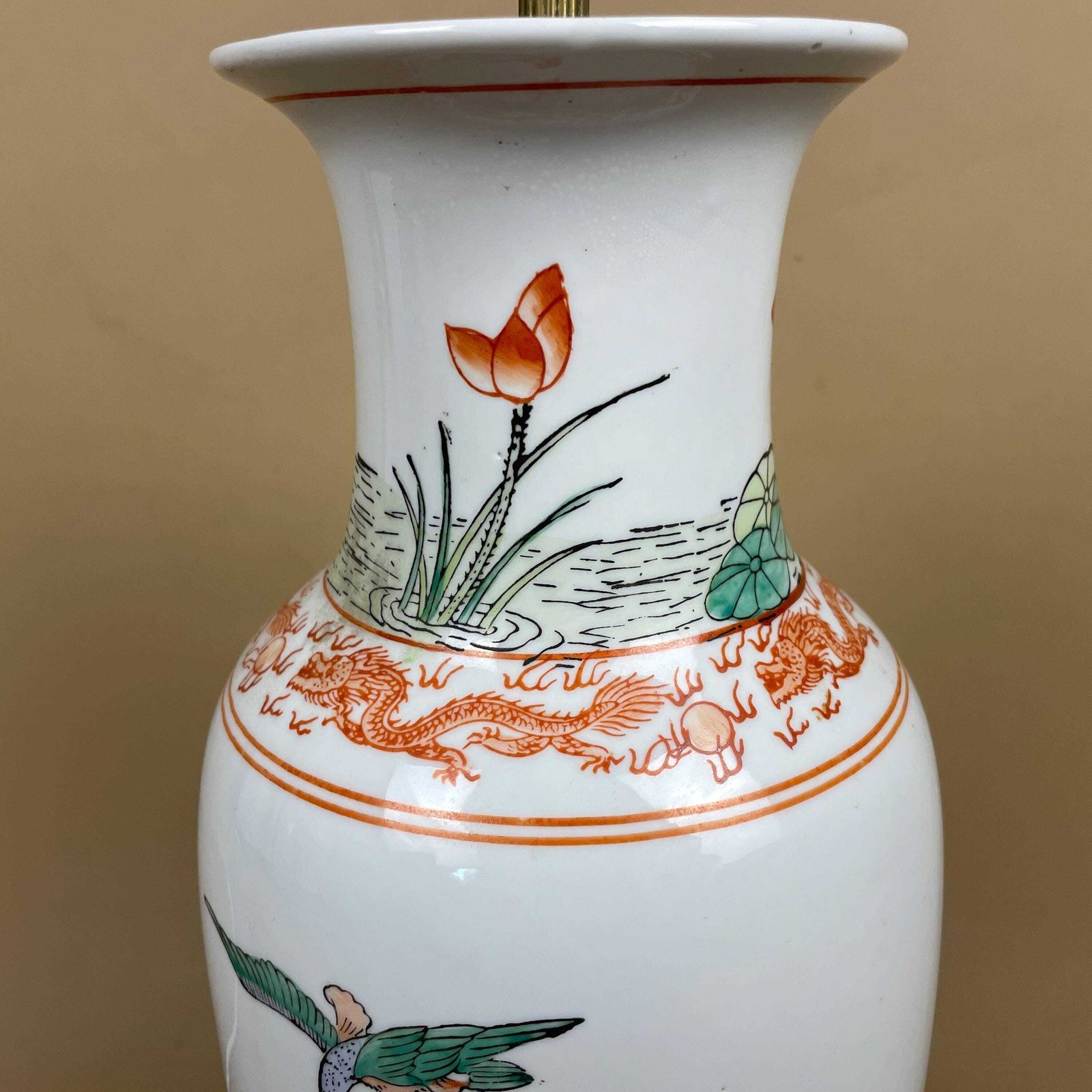 Large Oriental Ceramic Lamp Light Bedside Table Hand Painted Floral Design Pattern Wood Base Chinese Vase White Antique Brass Vintage Green photo 115.0
